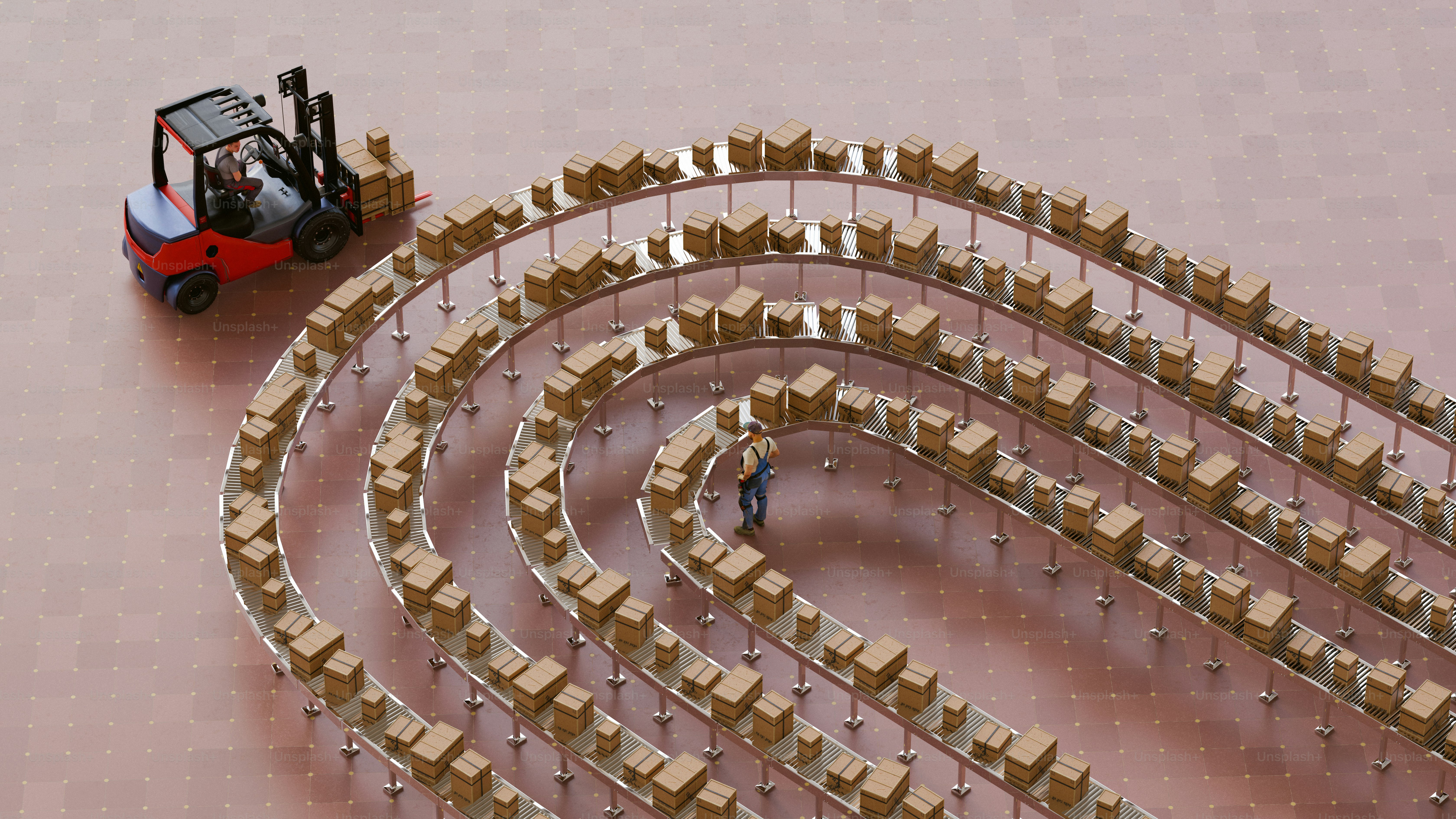 Boxes travel on conveyor belts in a warehouse.