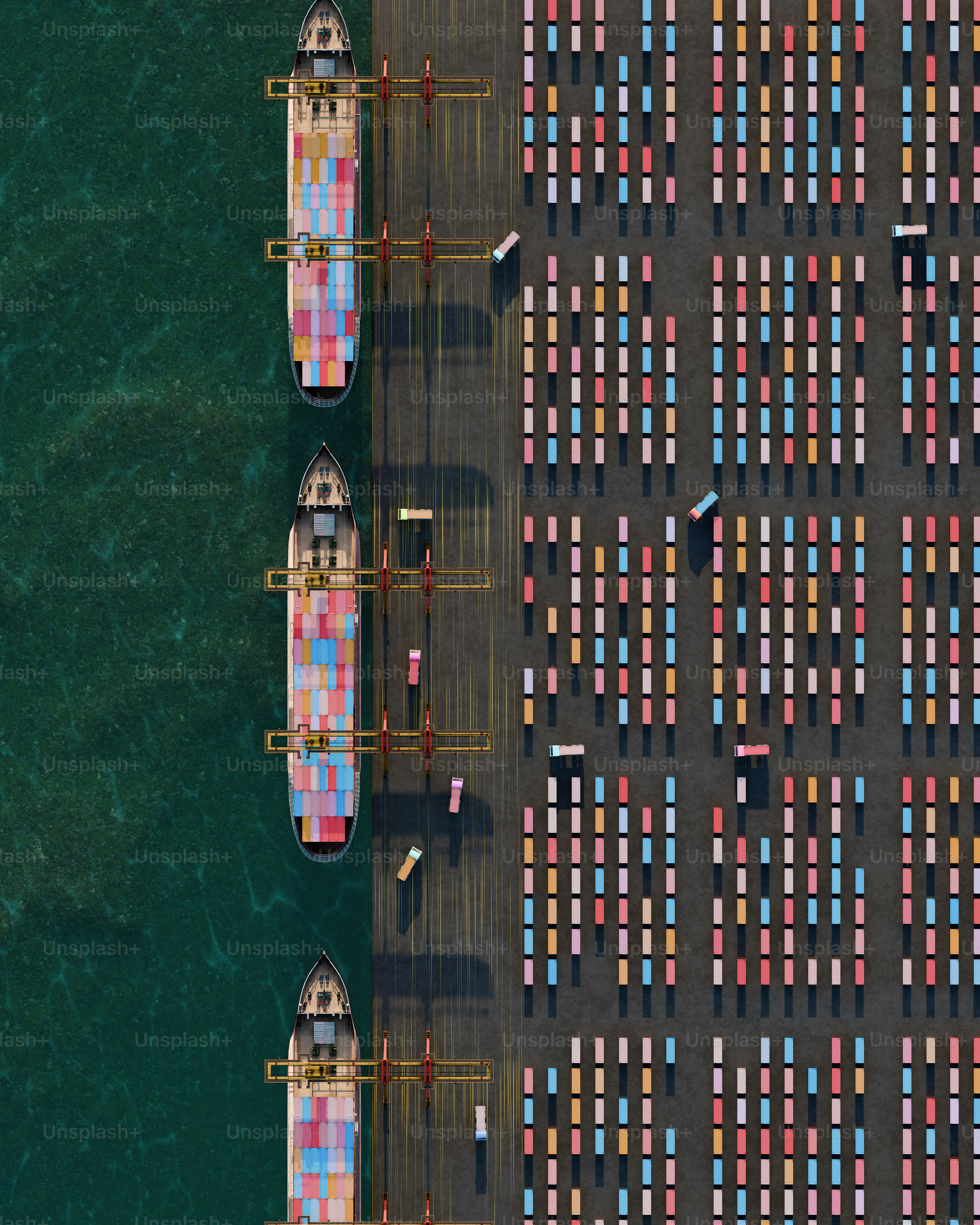 Cargo ships are docked, loading and unloading
