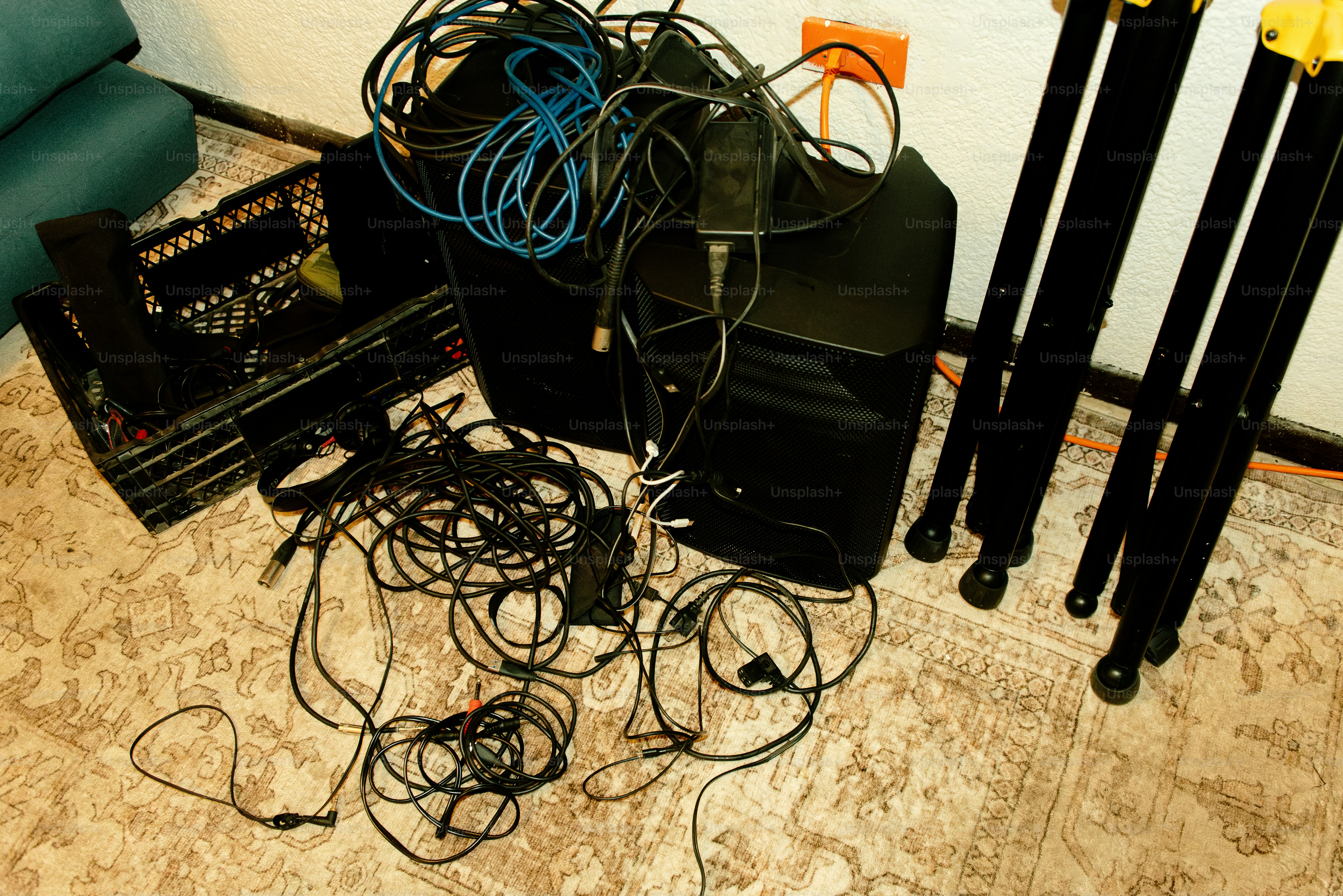 A tangled mess of audio equipment.