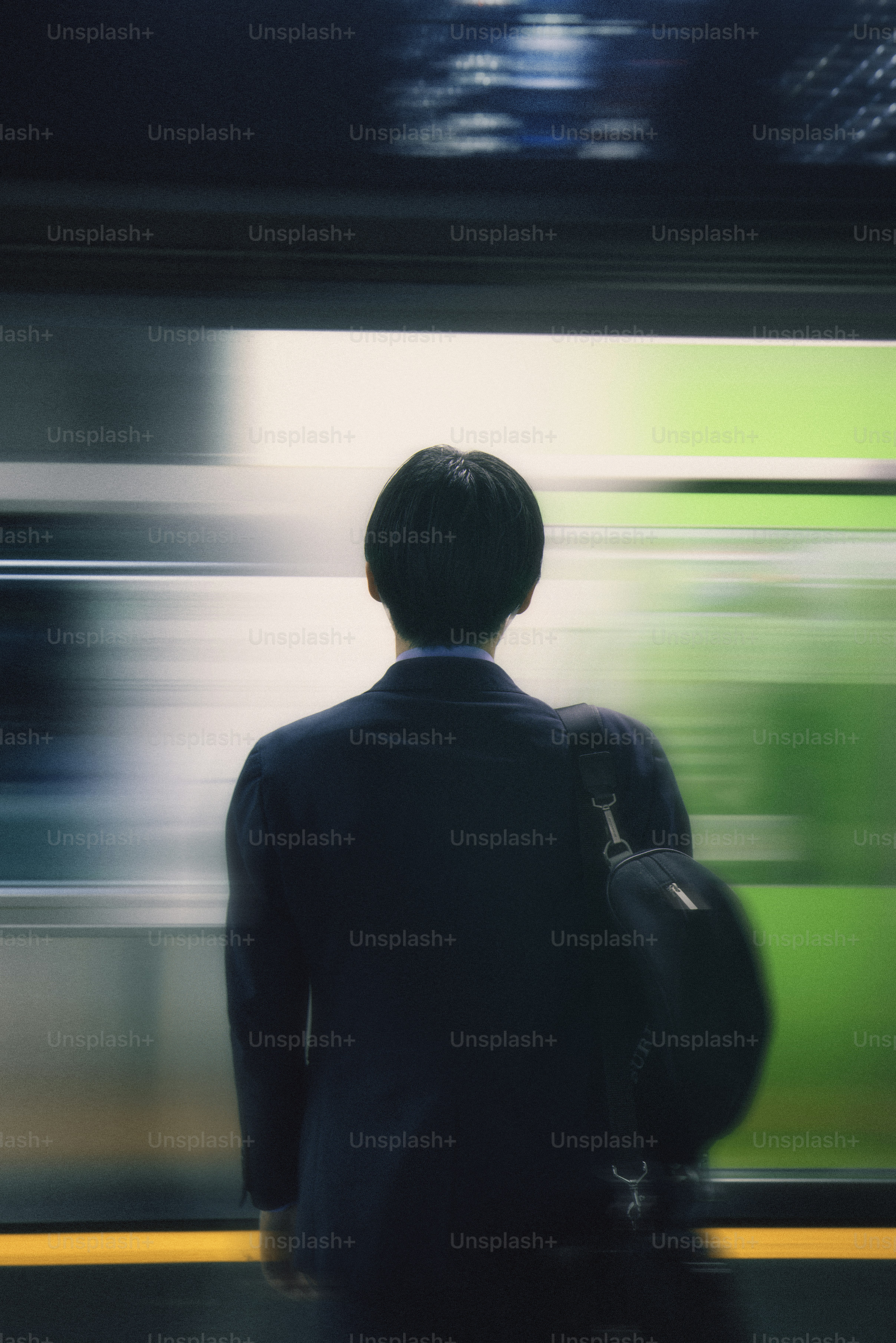 Un hombre espera un tren en el andén.