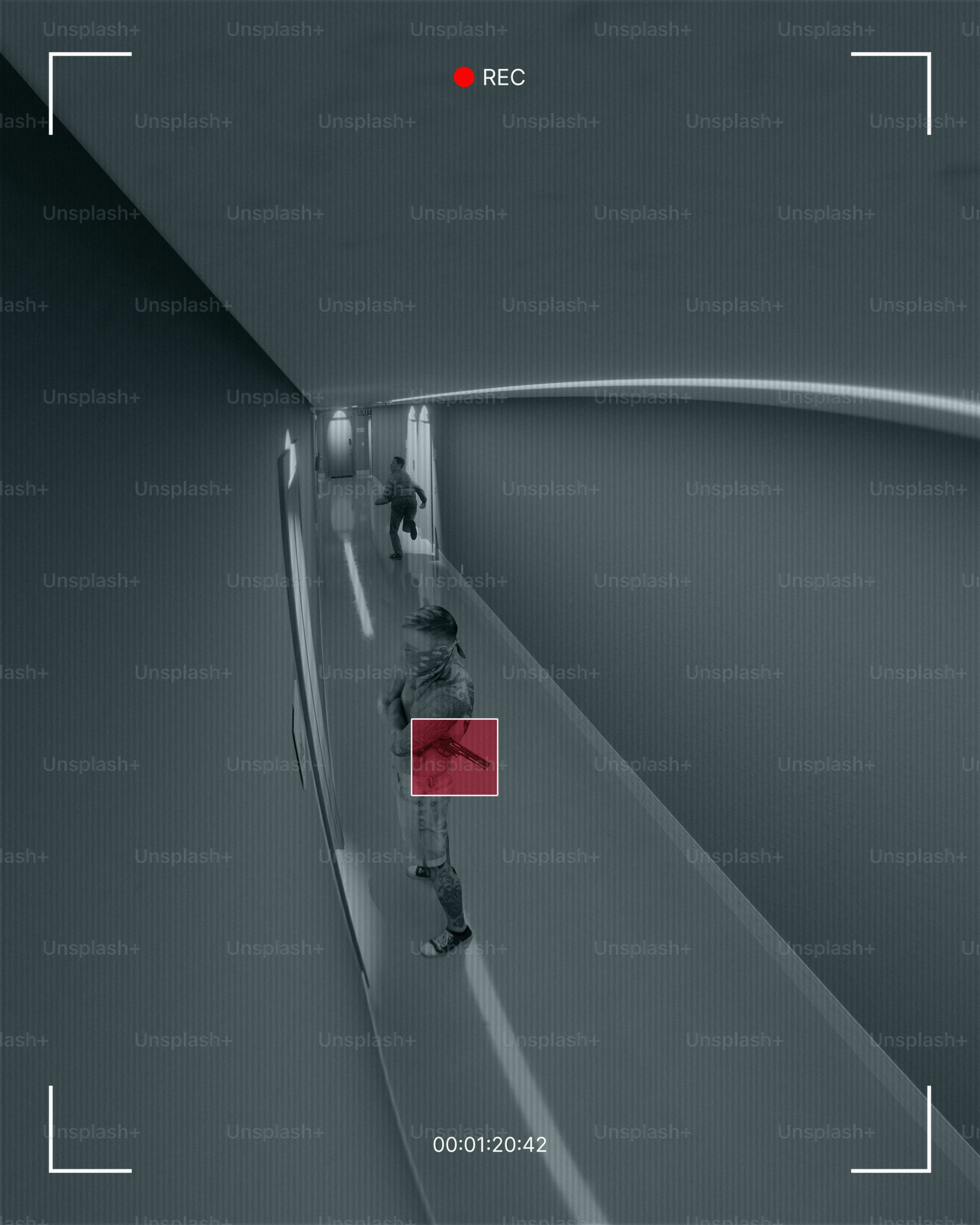 Surveillance camera captures people in a hallway.