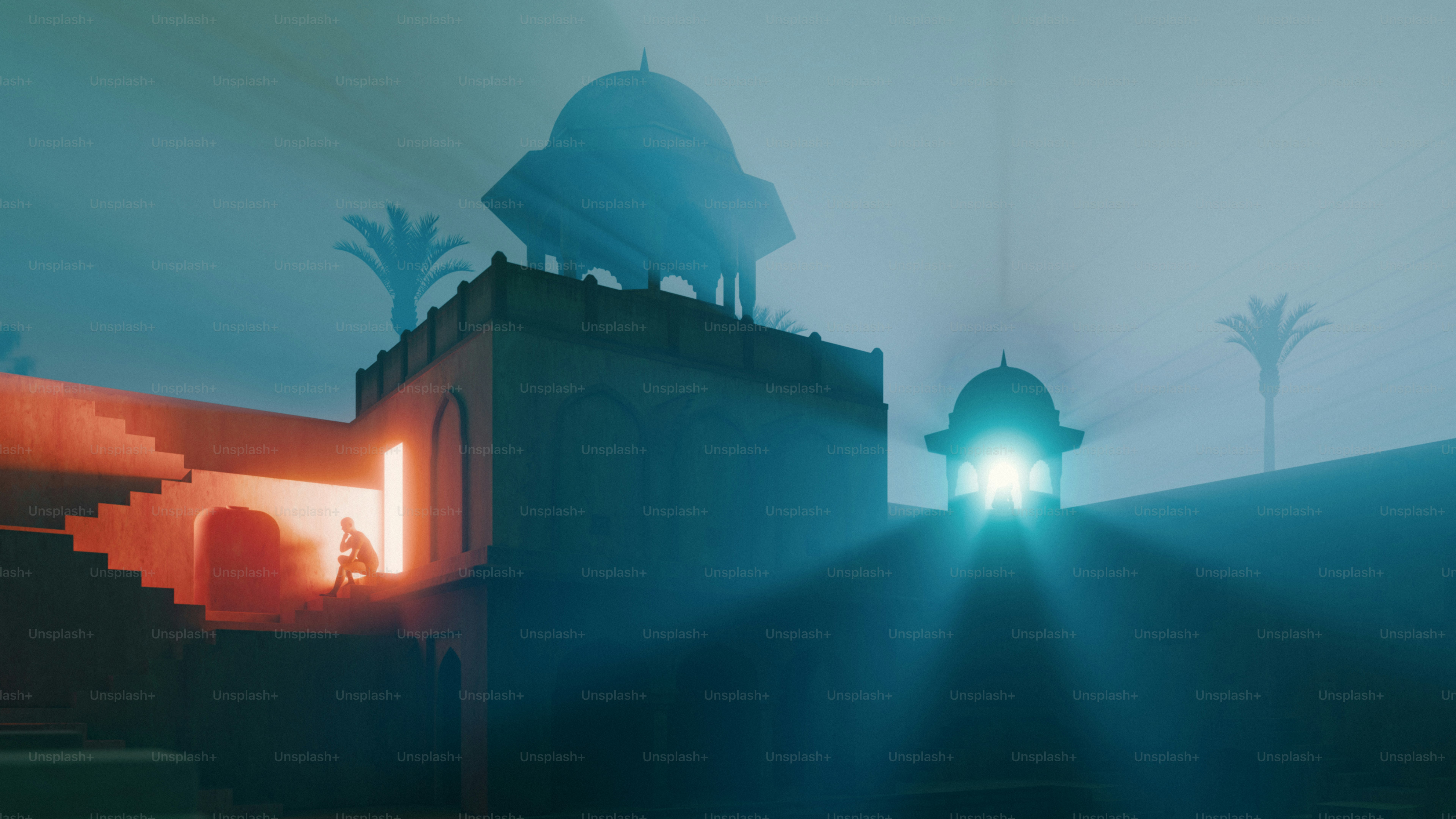 Mysterious palace bathed in blue and orange light.