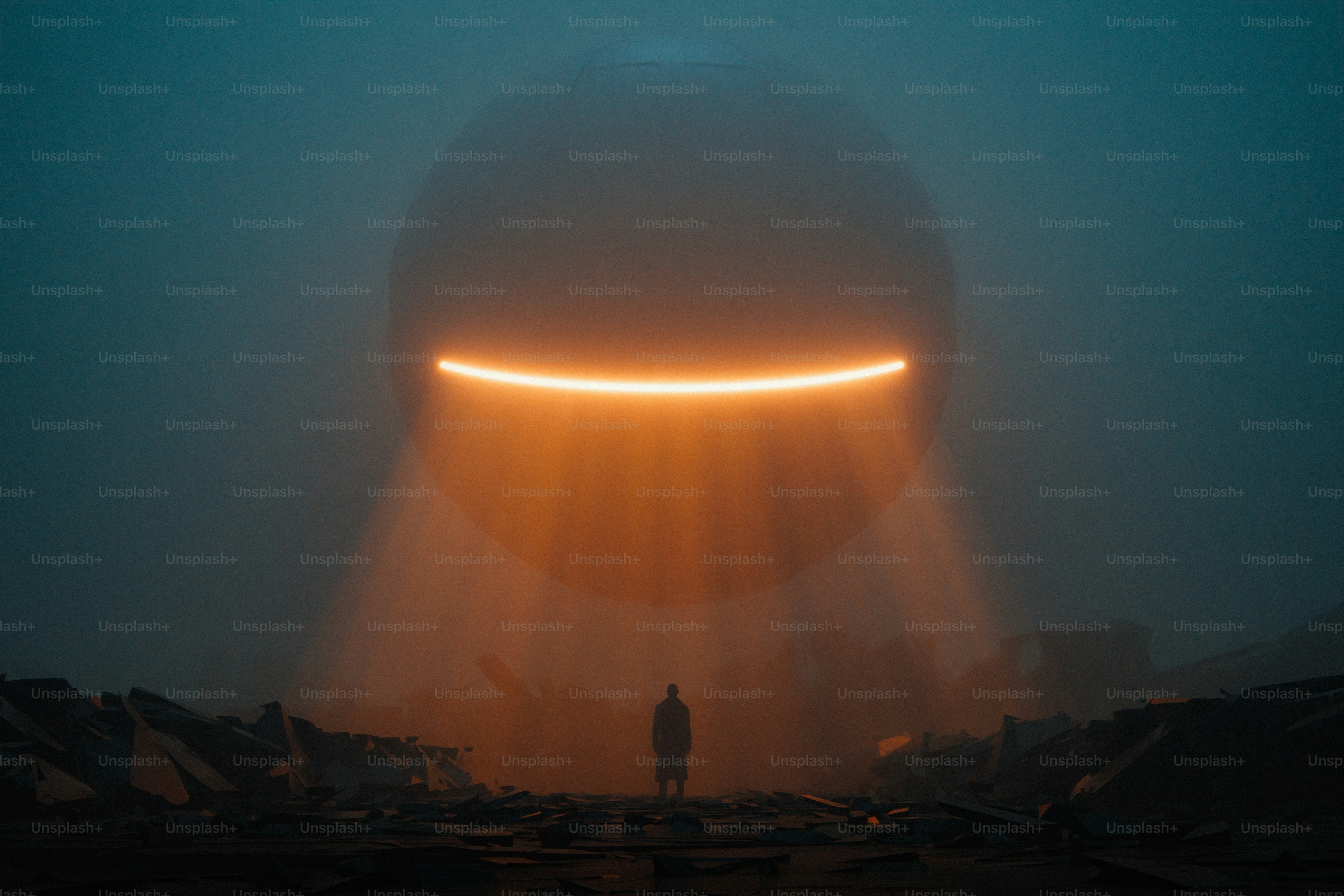 Una sfera misteriosa illumina una figura solitaria nella nebbia.