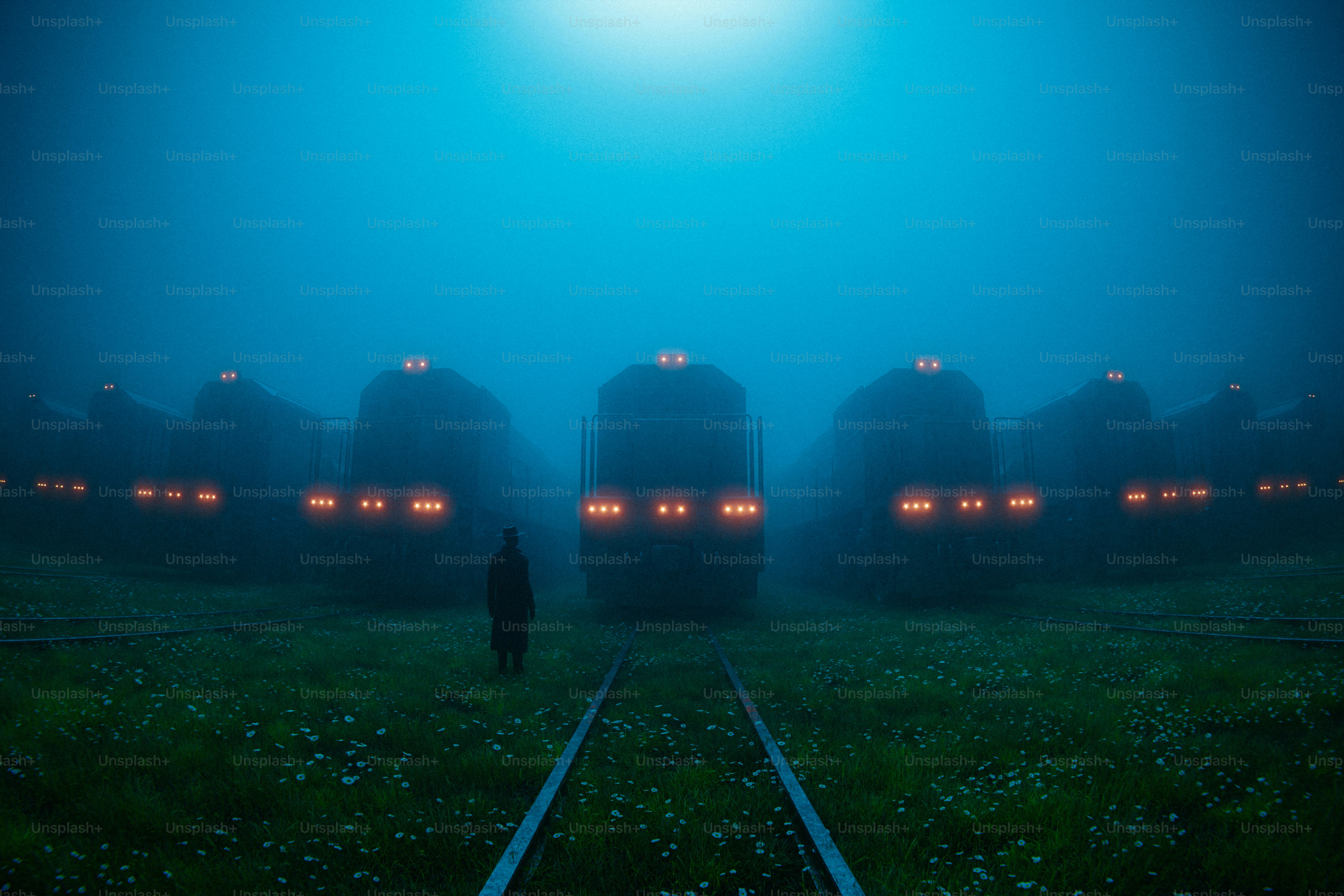 A misty train yard with a figure standing.