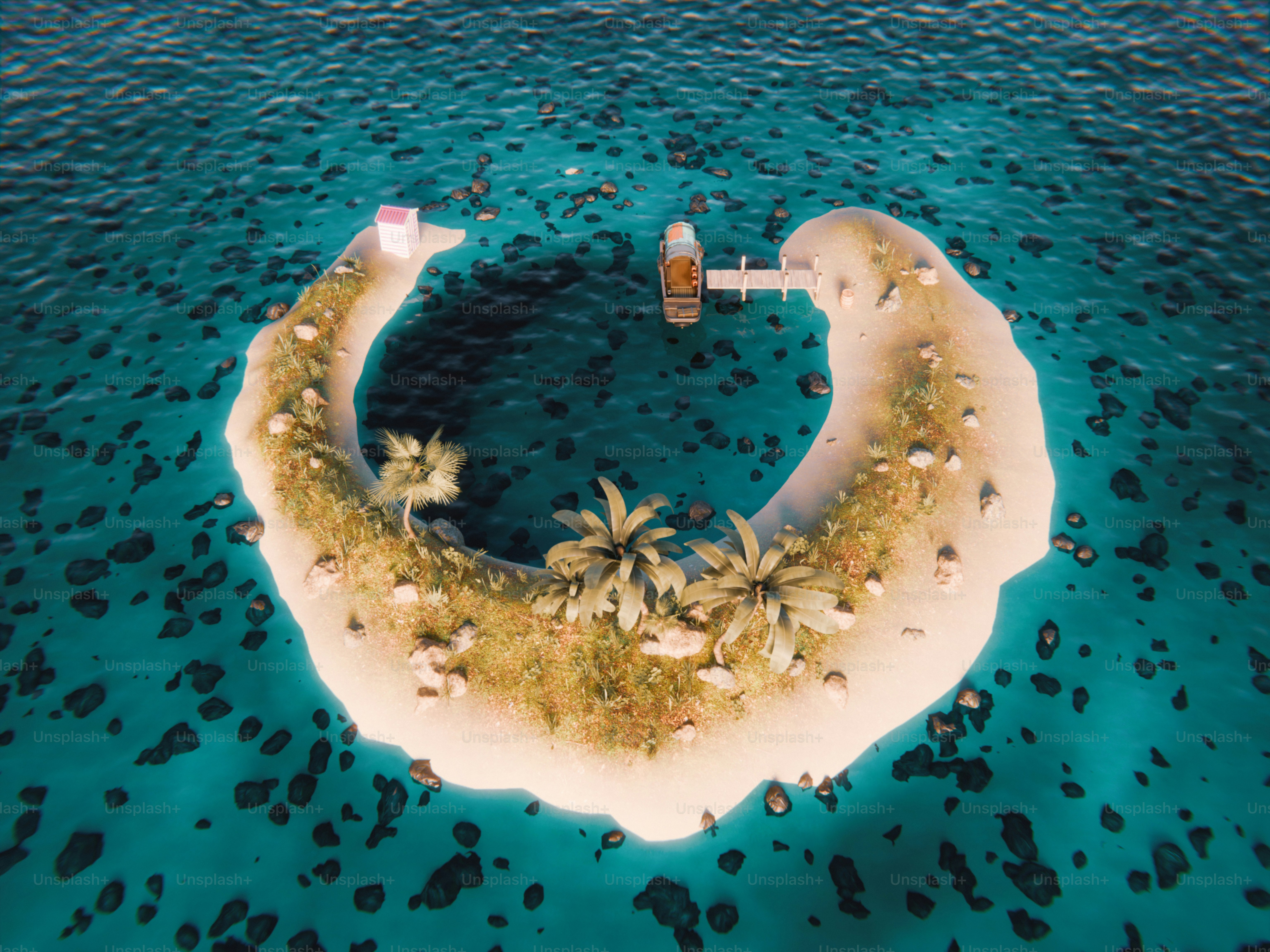 A tropical island surrounded by turquoise water.