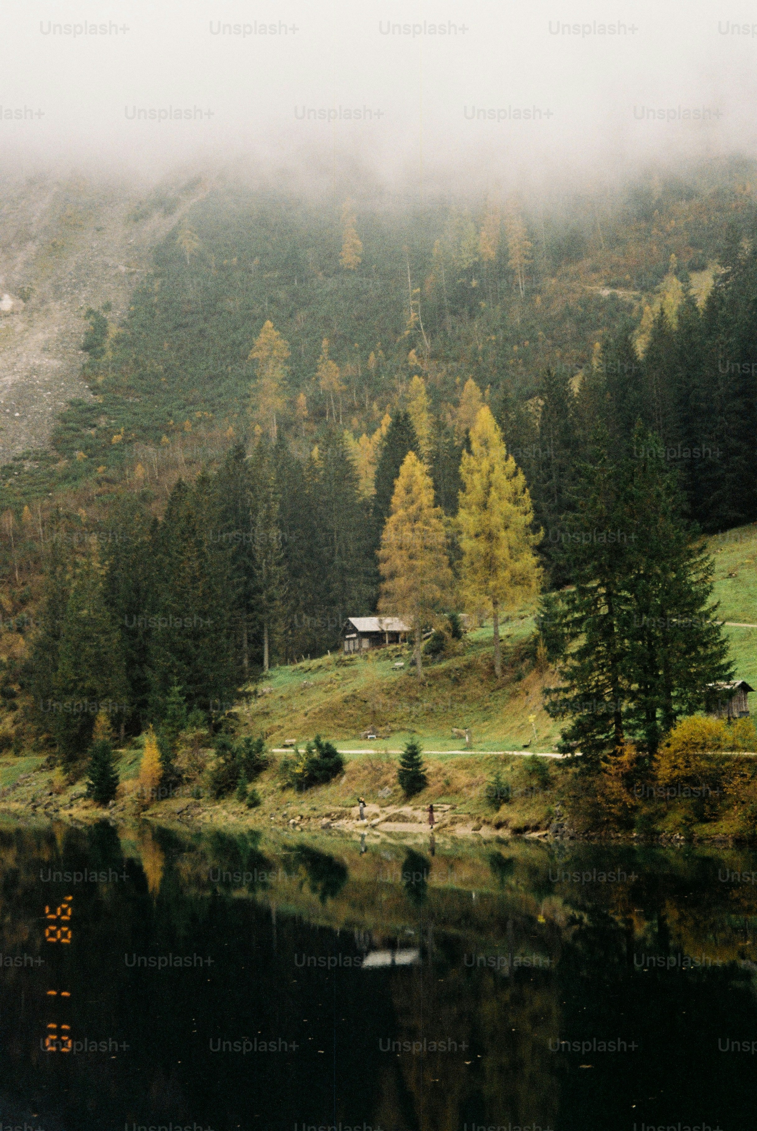 A serene lake reflects the misty mountain landscape. photo – Forest ...