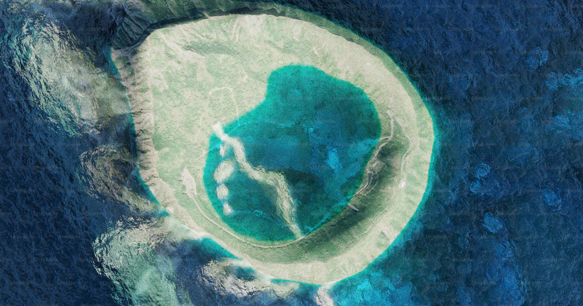 Vista aérea de una laguna y una isla. foto – Imagen de Renderizado 3D ...