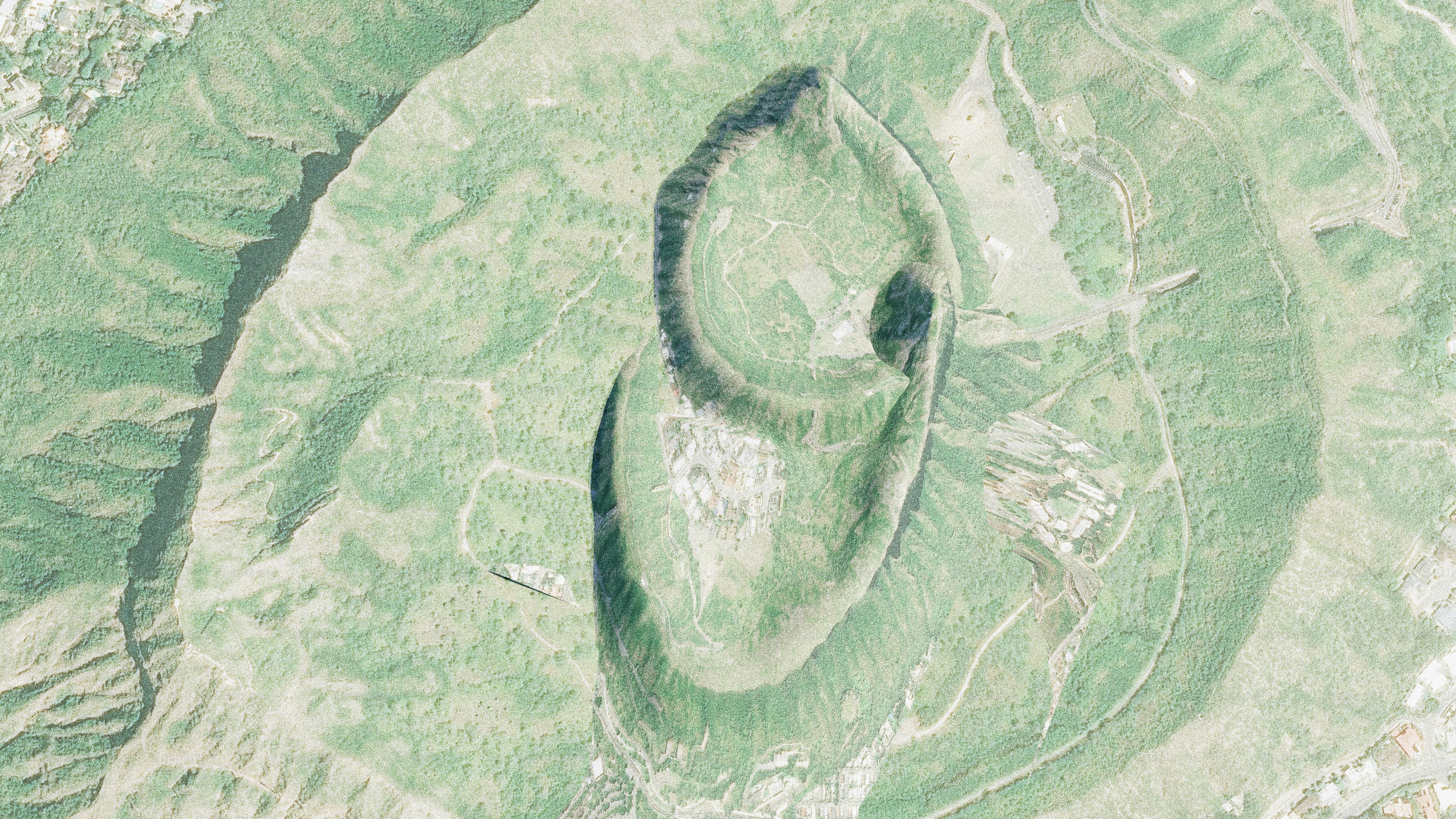 Aerial view of a mountainous landscape.
