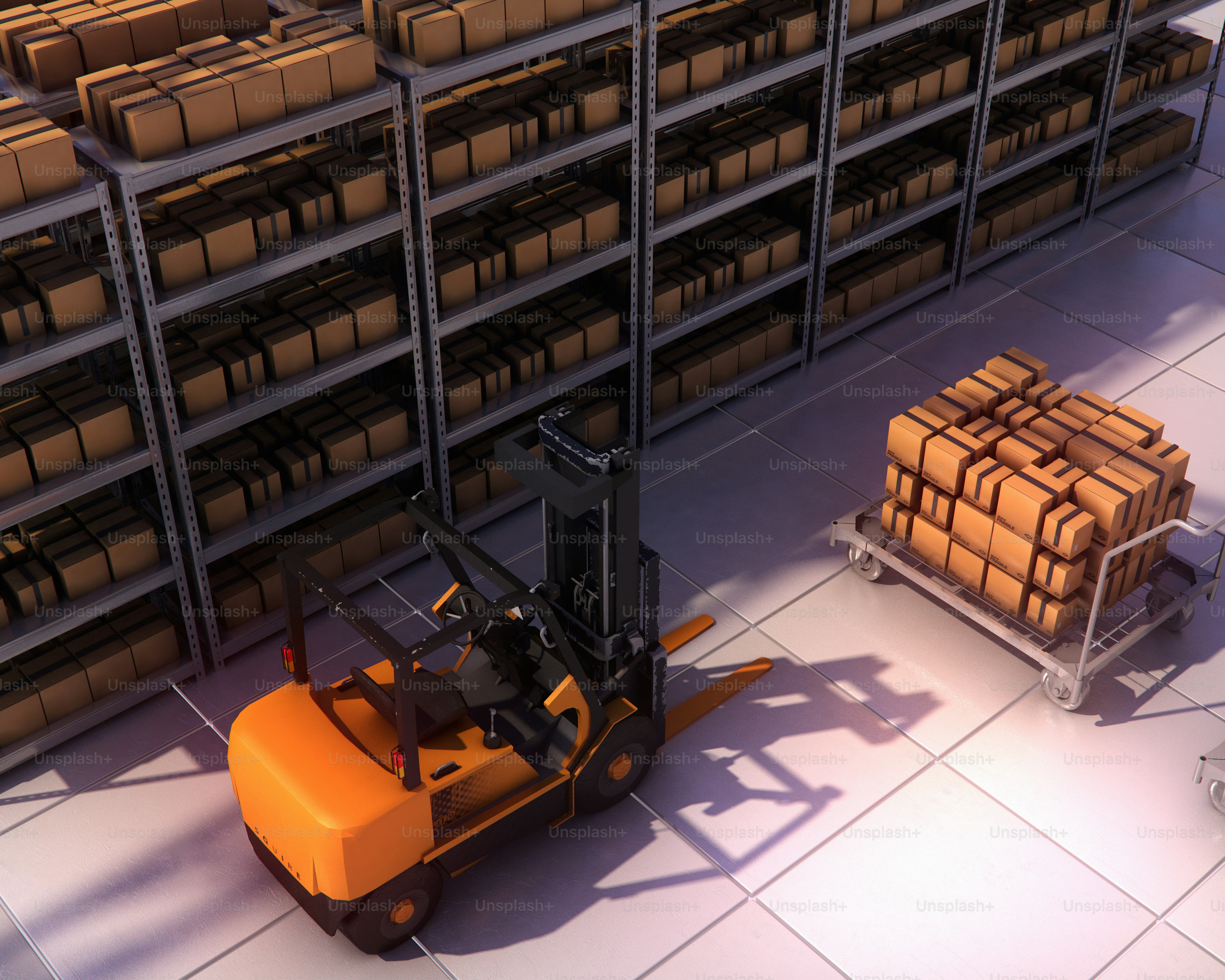 A forklift and boxes in a warehouse.