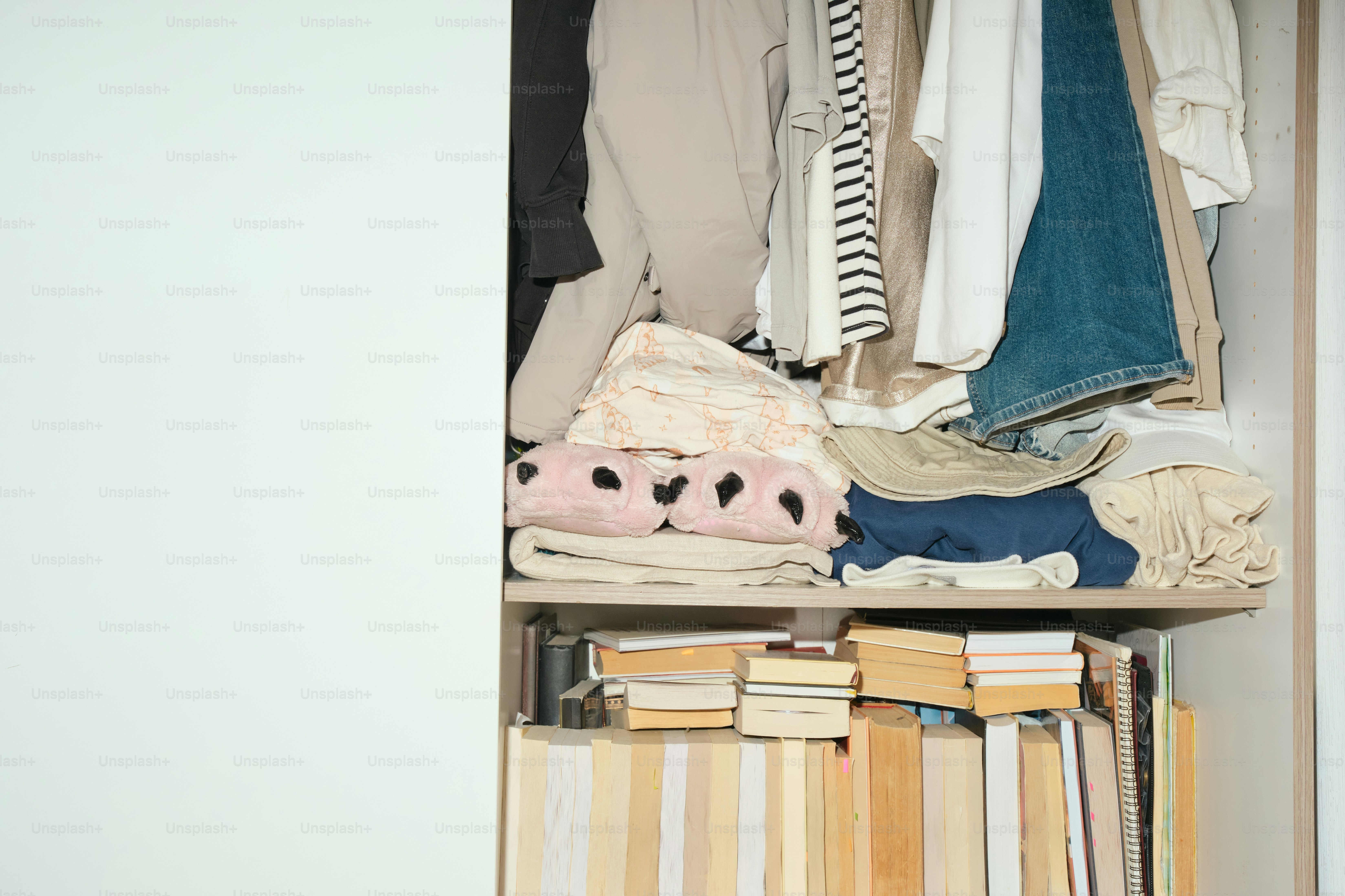 A closet filled with clothes and books.