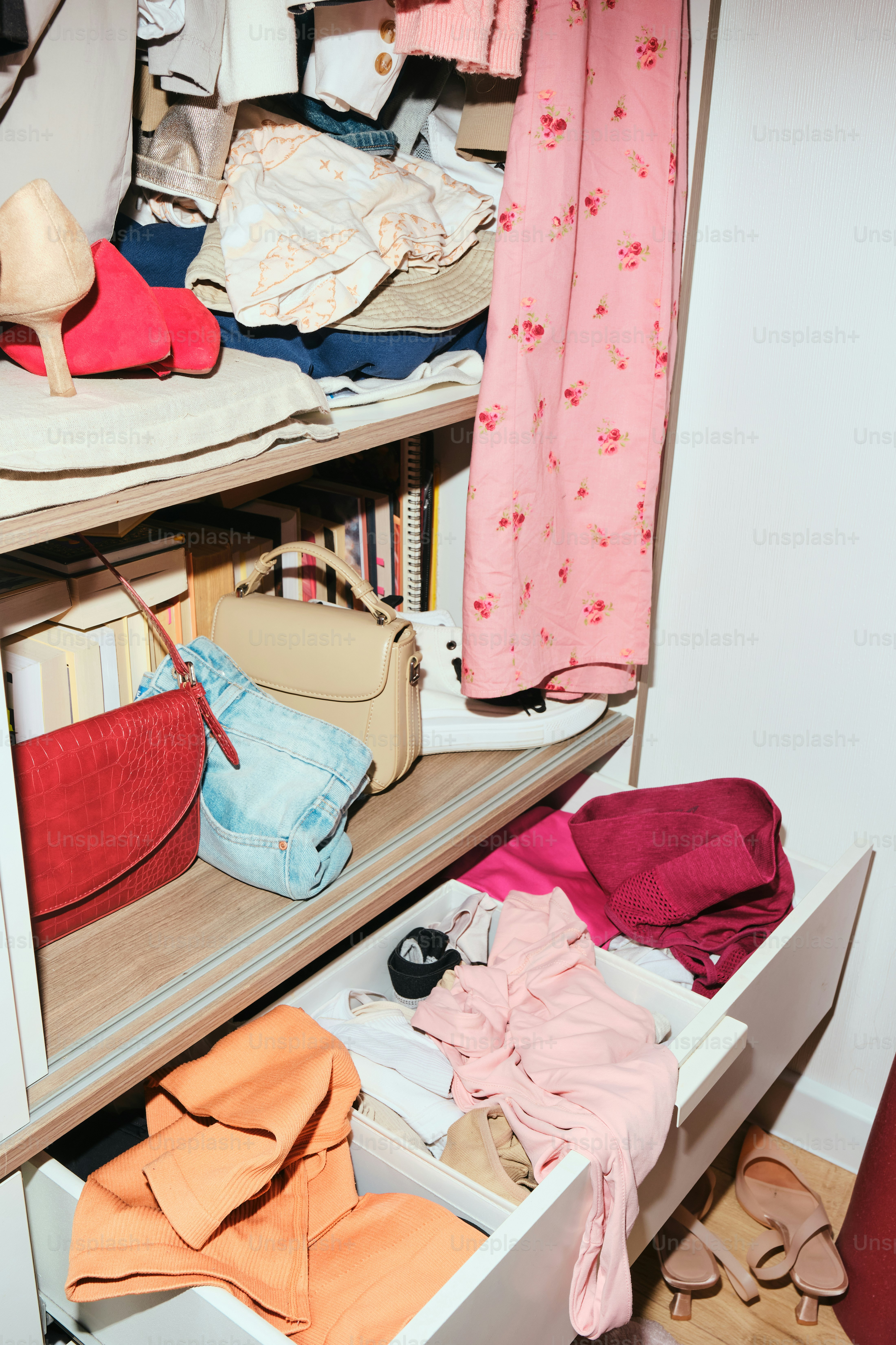 A cluttered closet packed with clothes and accessories.