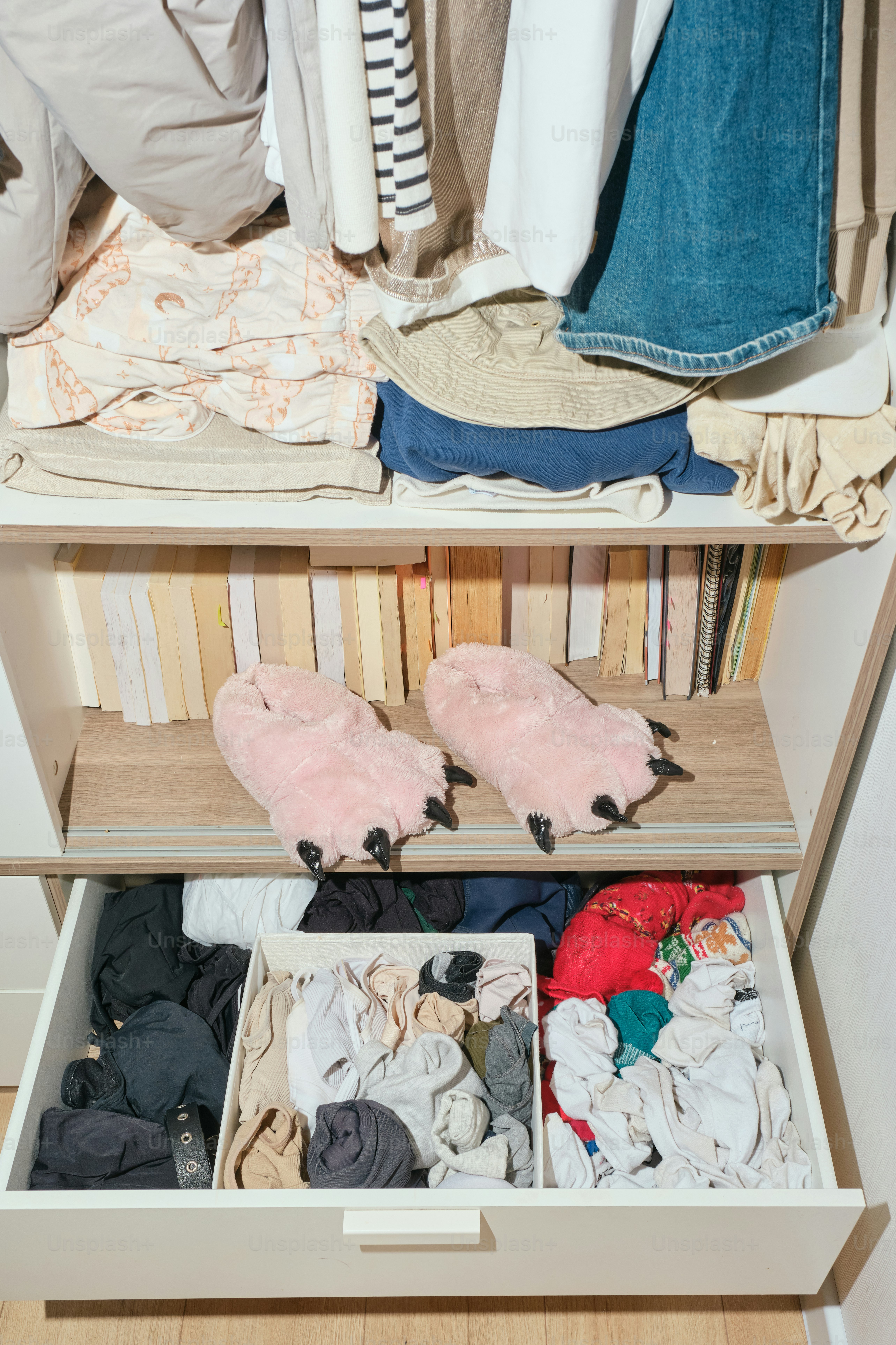 A messy closet with clothes and bear paw slippers.