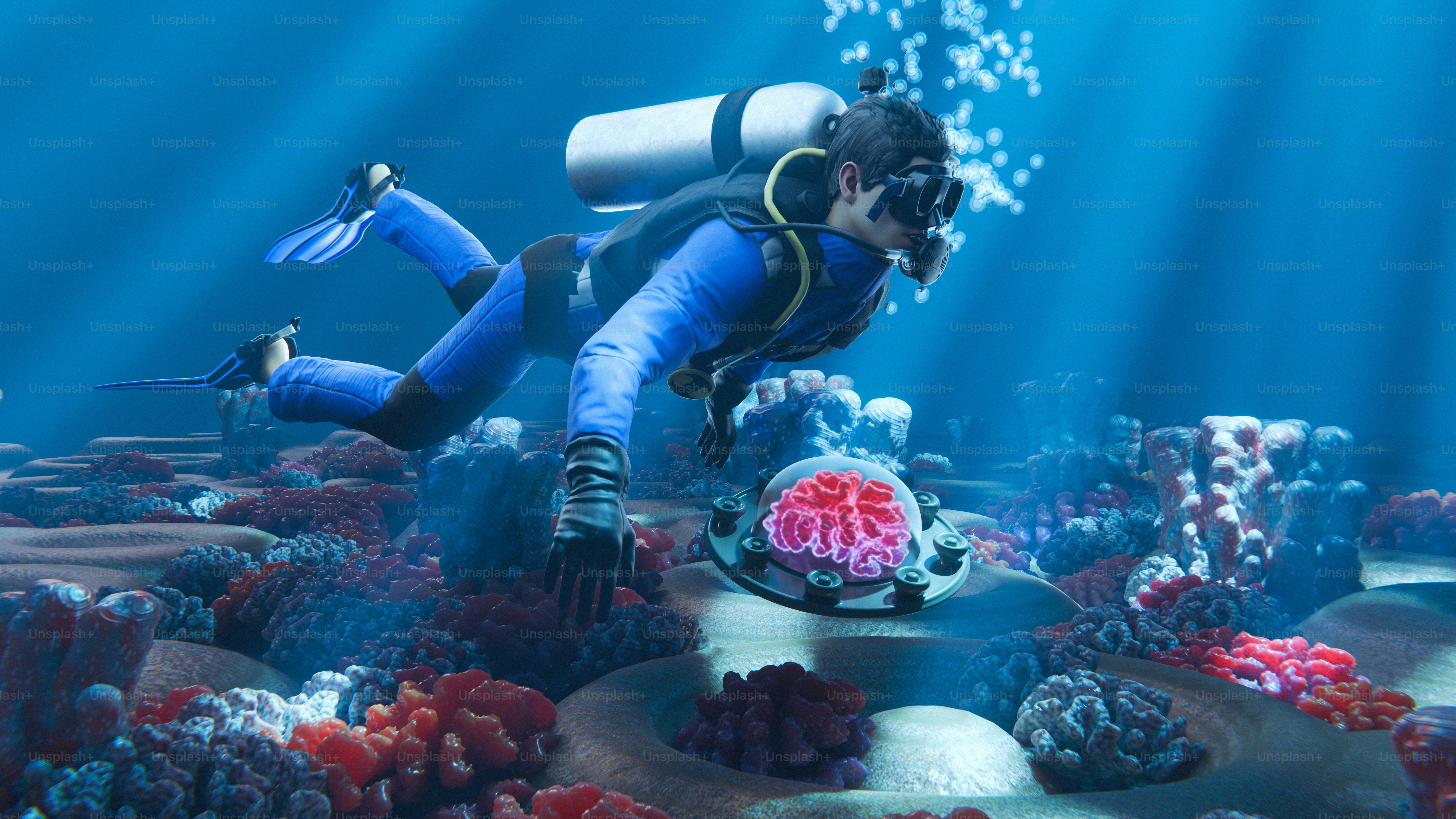 Scuba diver examines a brain underwater.