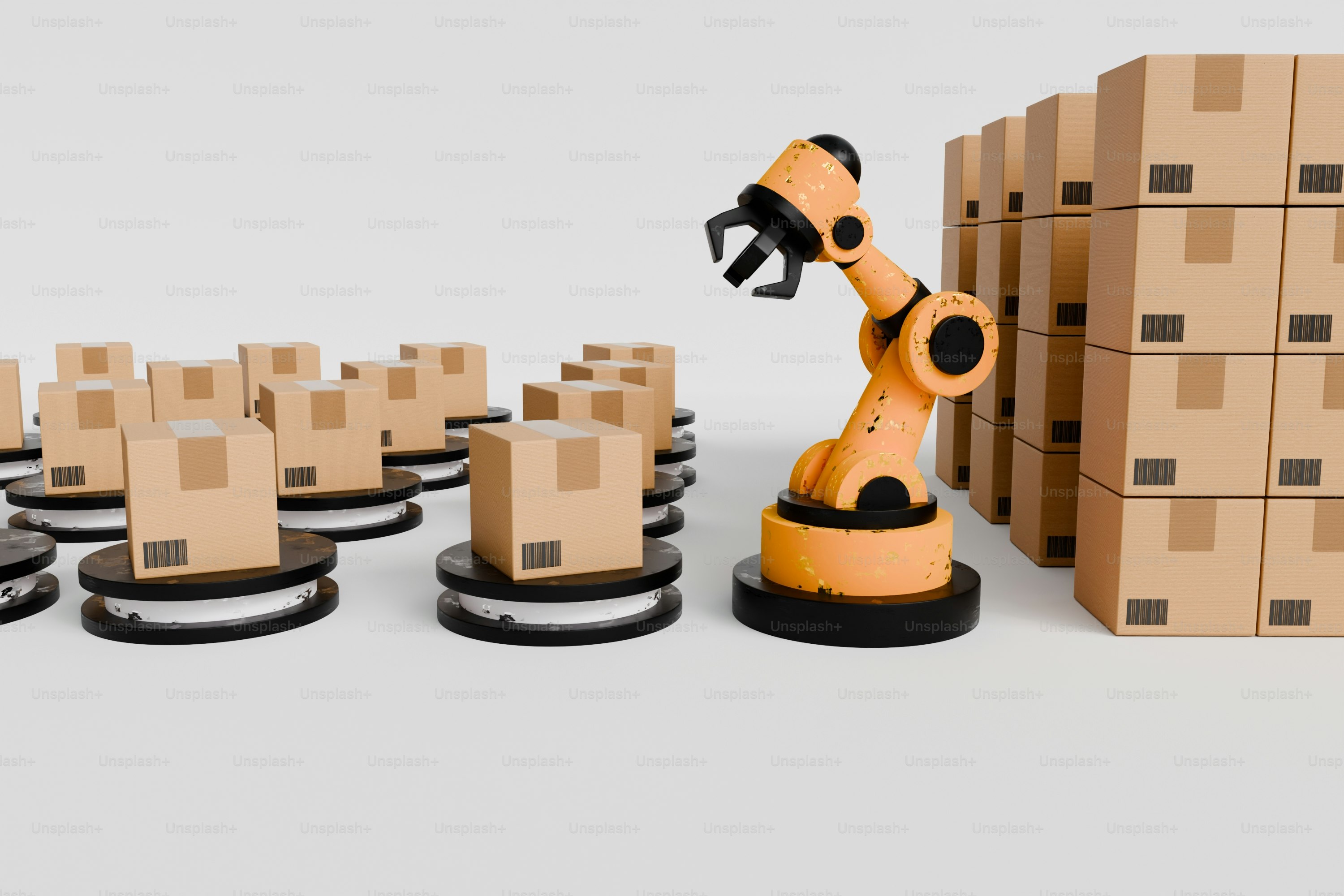 Robot arm sorting boxes in a warehouse.