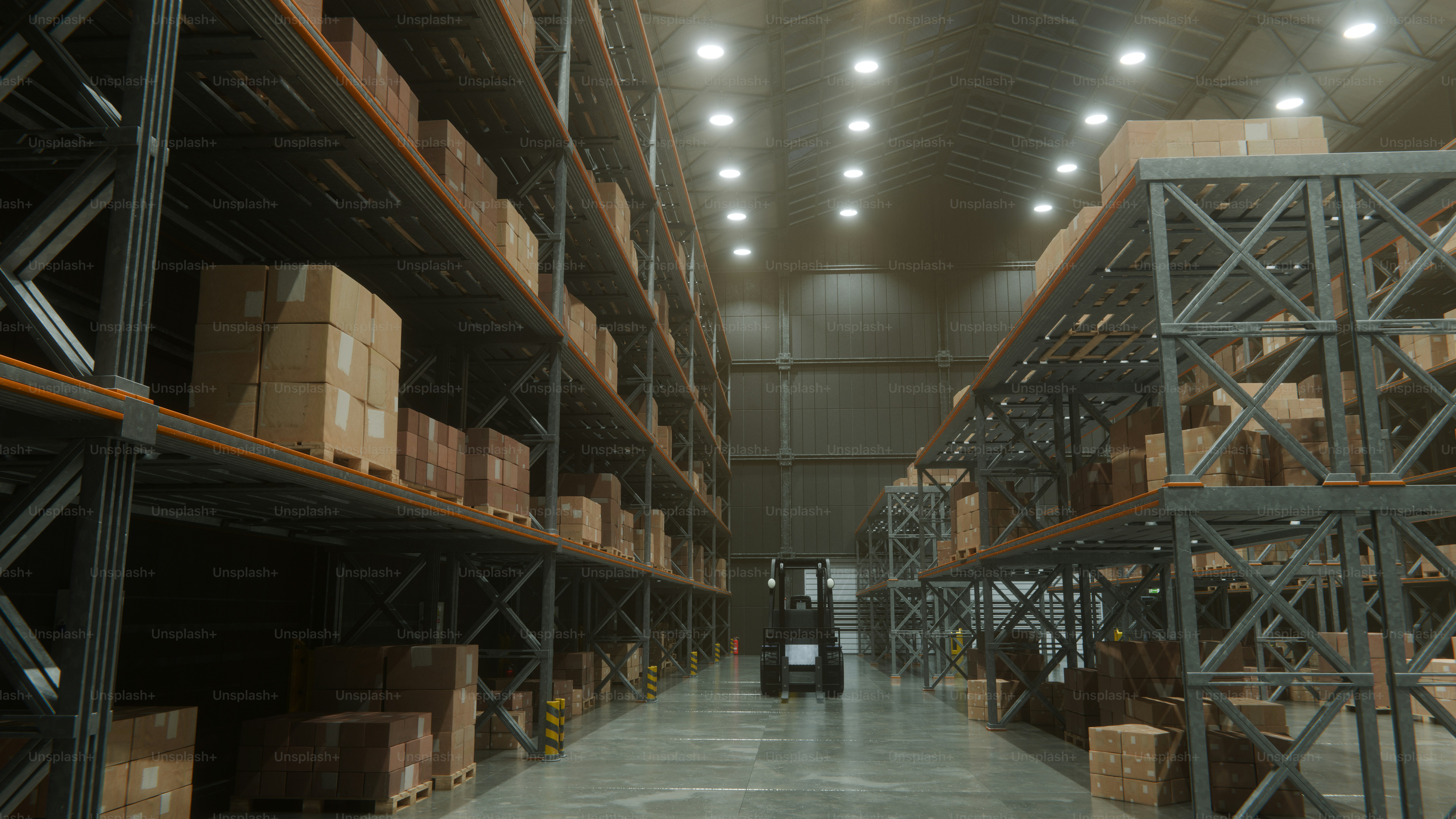 A forklift moves through a full warehouse.