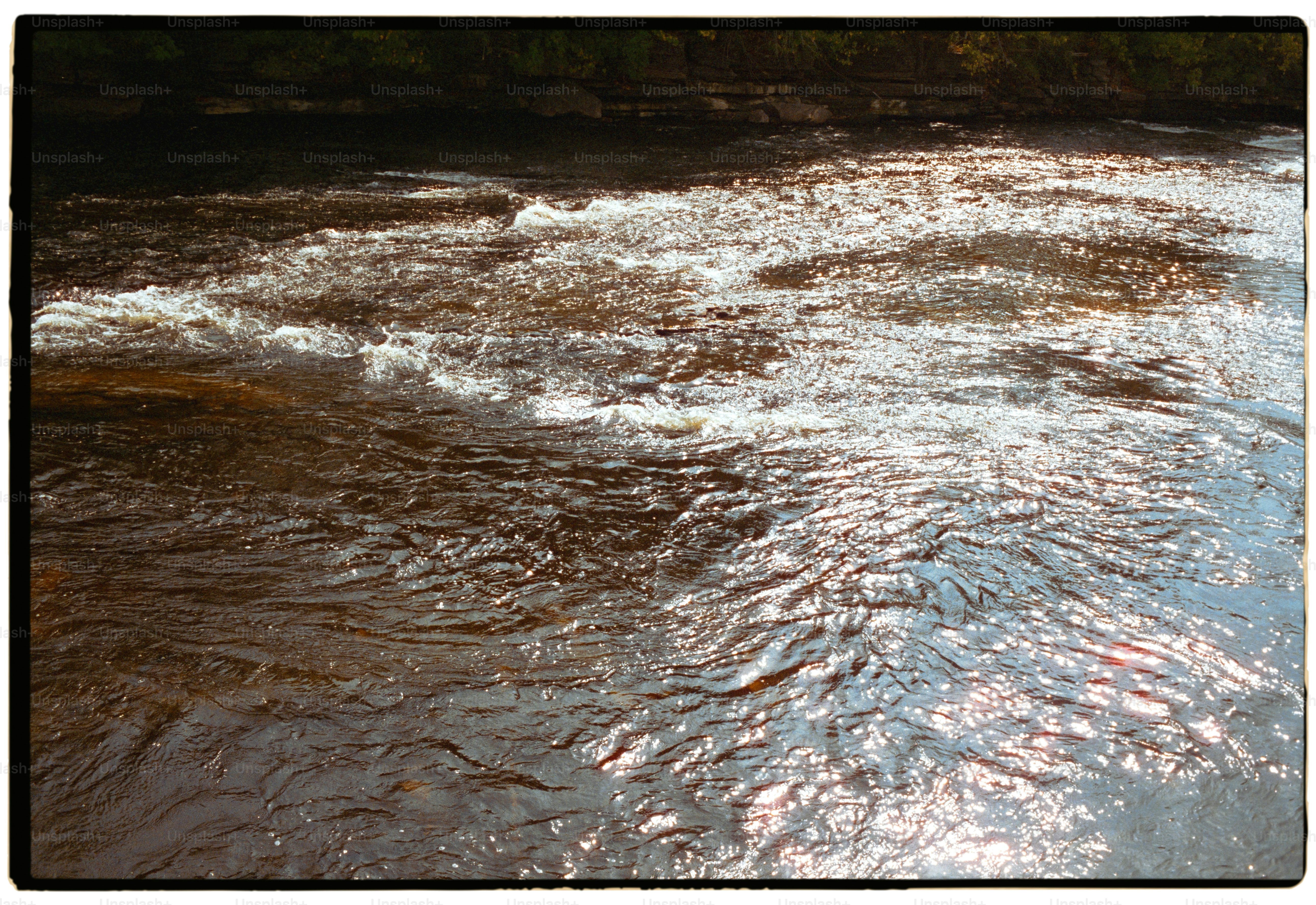 Fast-flowing river reflecting sunlight through the water.