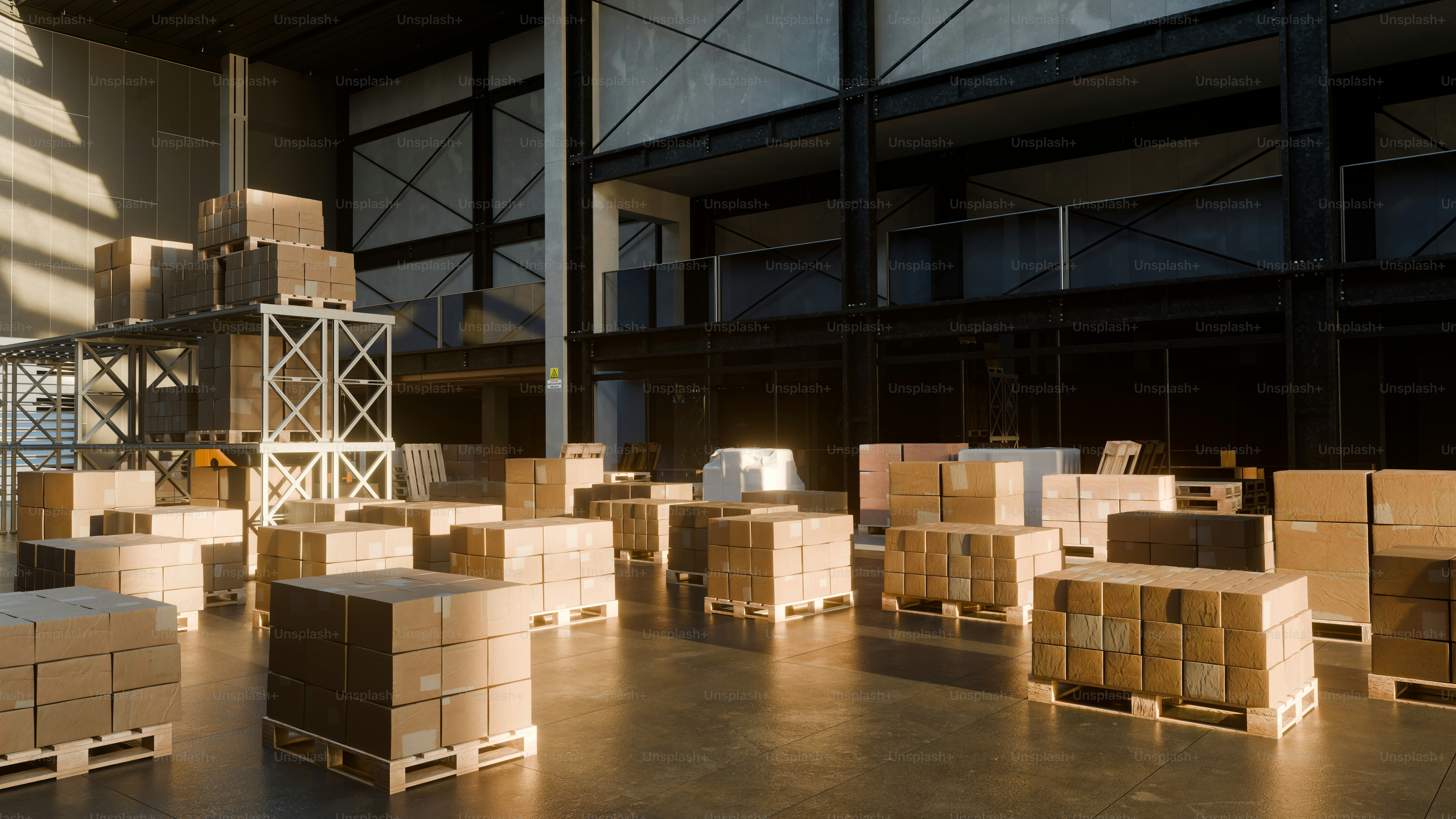 Boxes are stacked in a large, industrial warehouse. photo – Factory ...