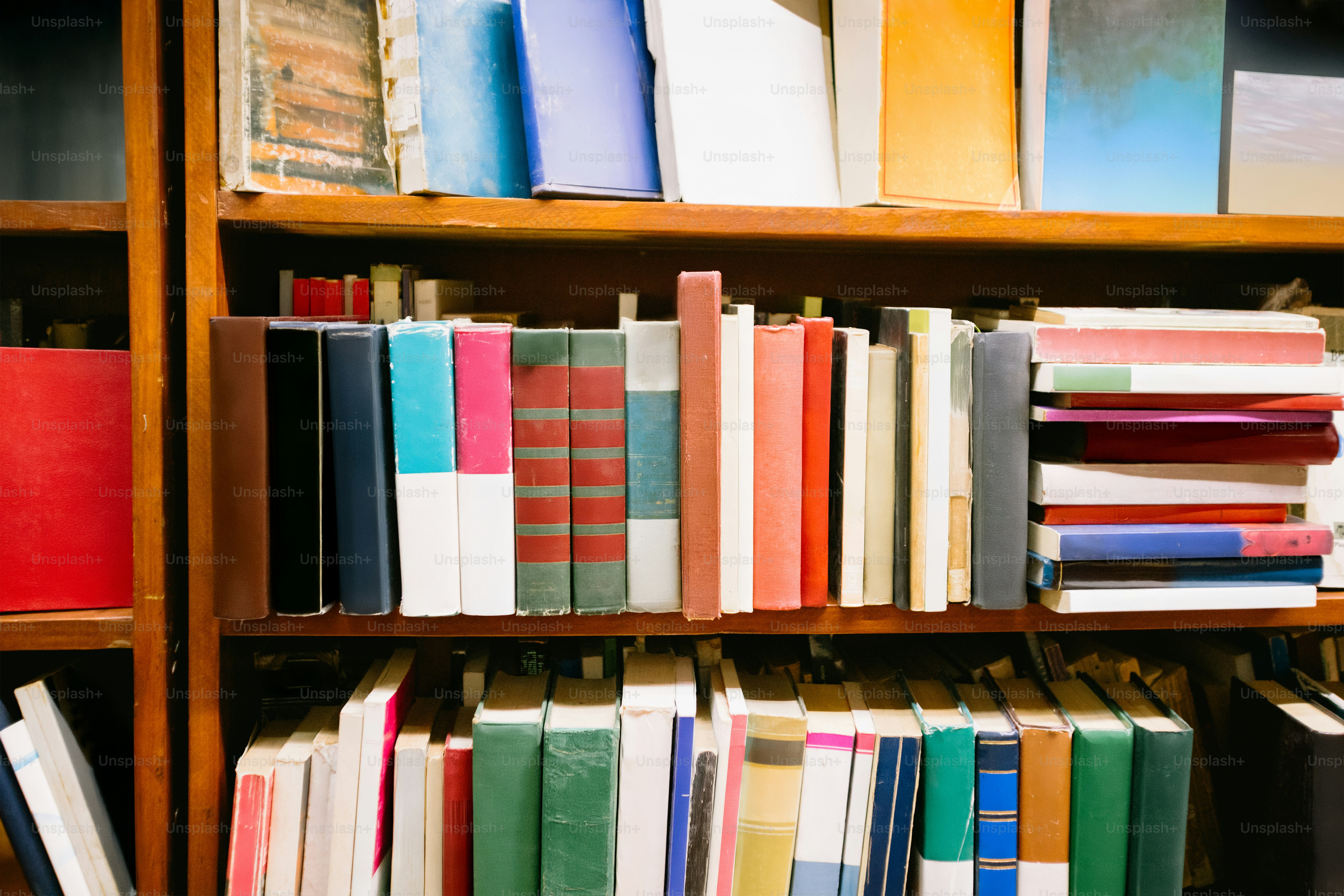 Estantería llena de libros de varios colores.