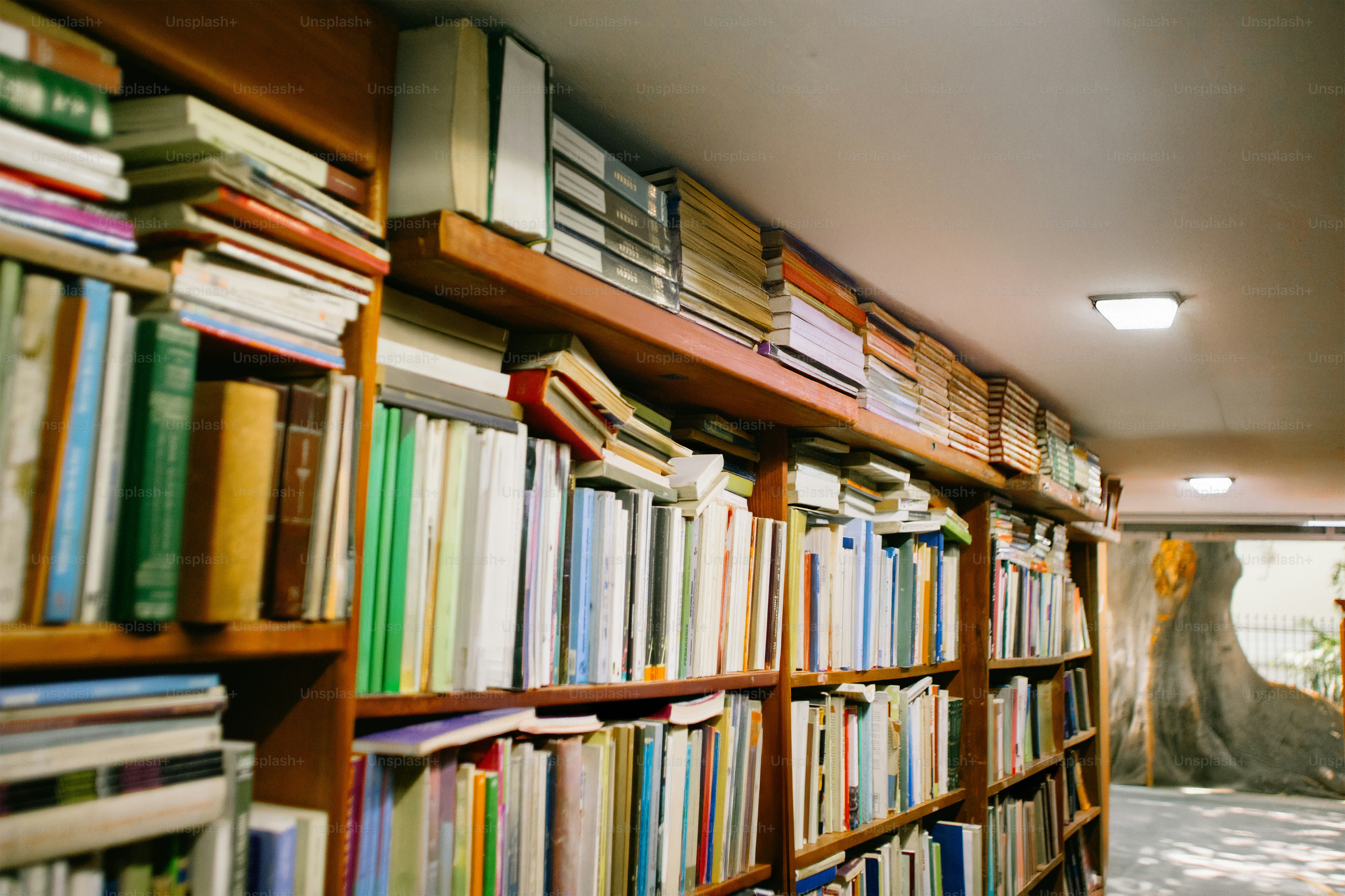 Bookshelves are overflowing with stacked books.