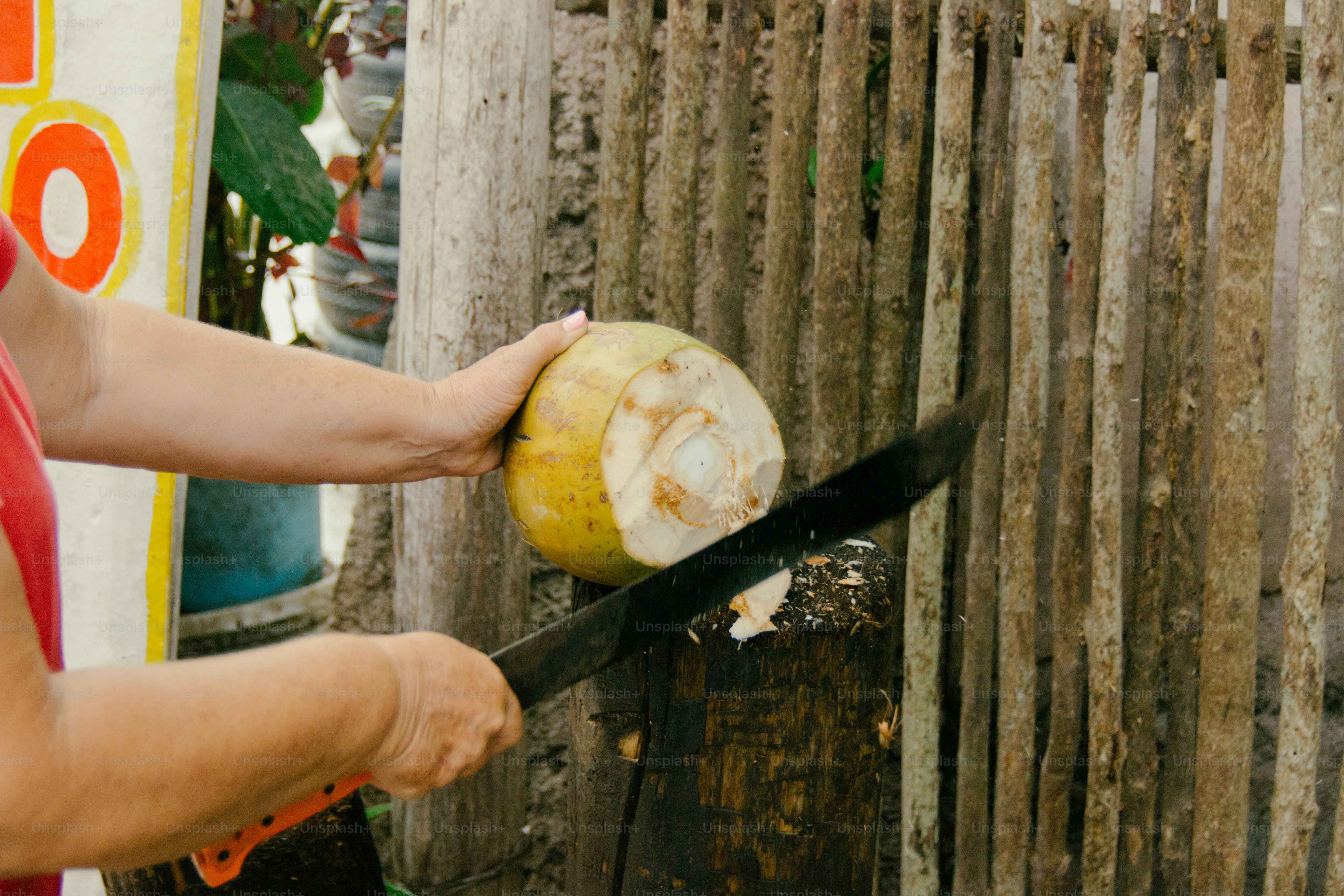 Seseorang sedang memotong kelapa dengan parang.
