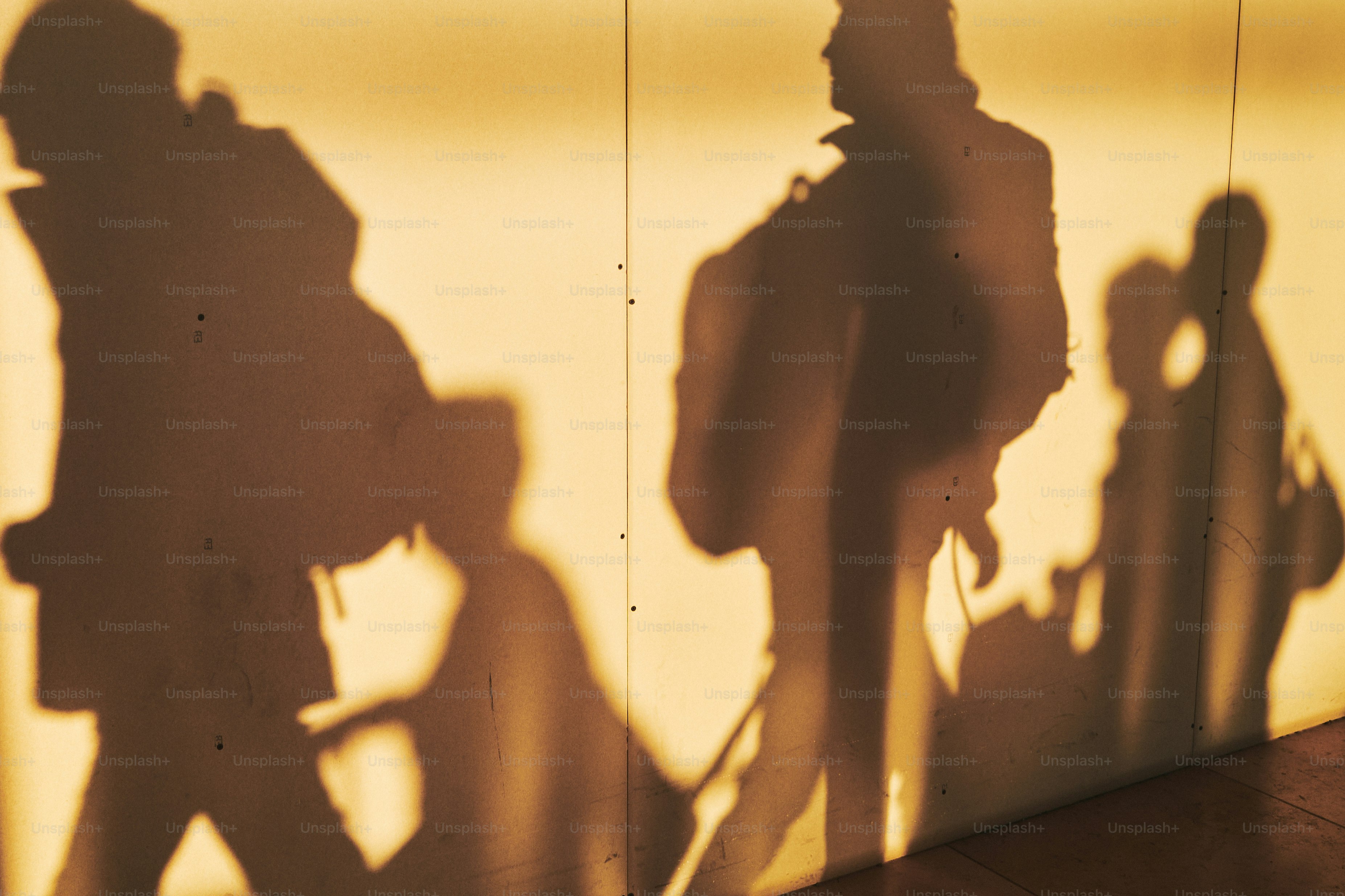 Des silhouettes de personnes sont projetées sur le mur.