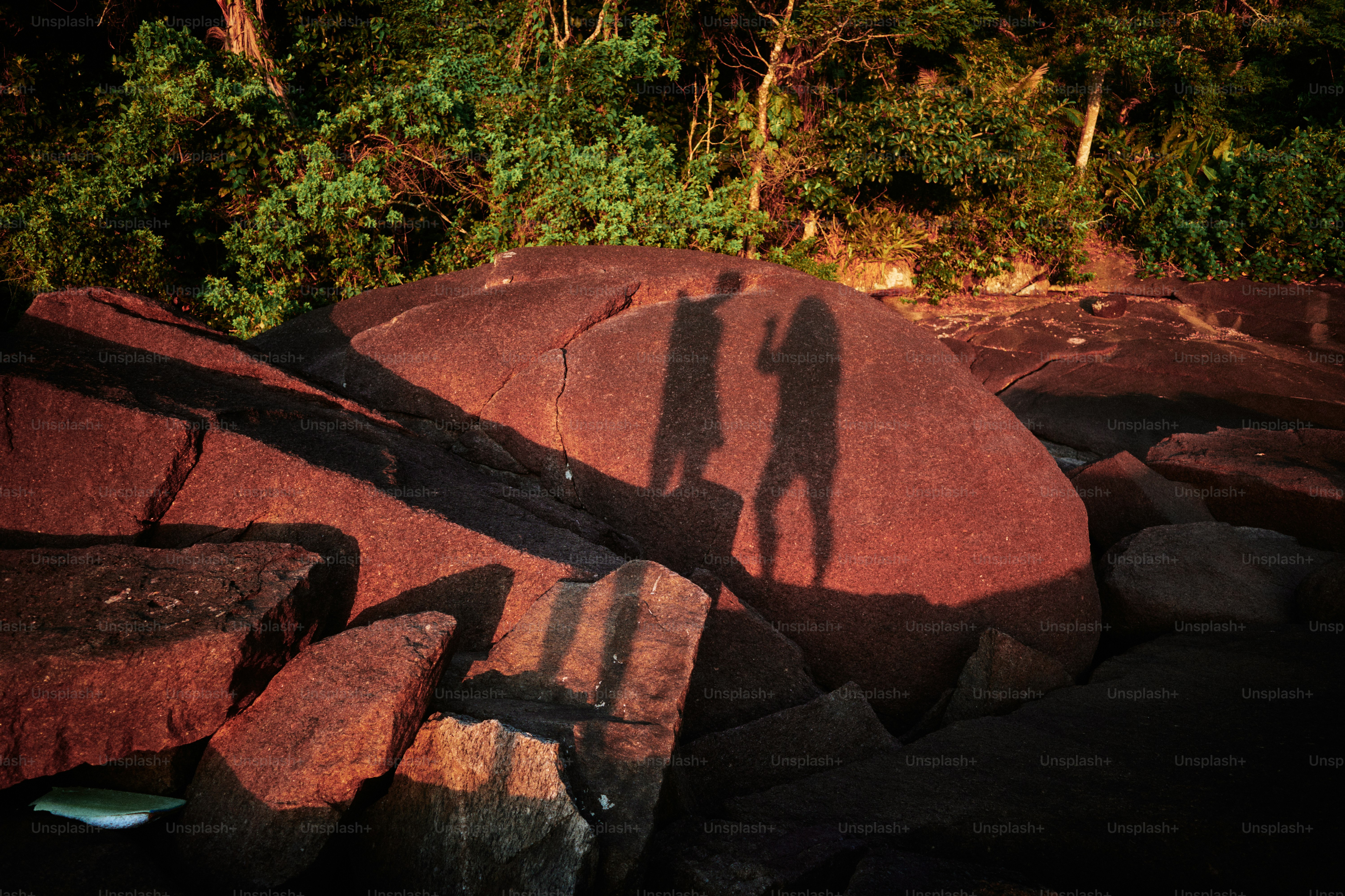 Les ombres des gens sont projetées sur un rocher.