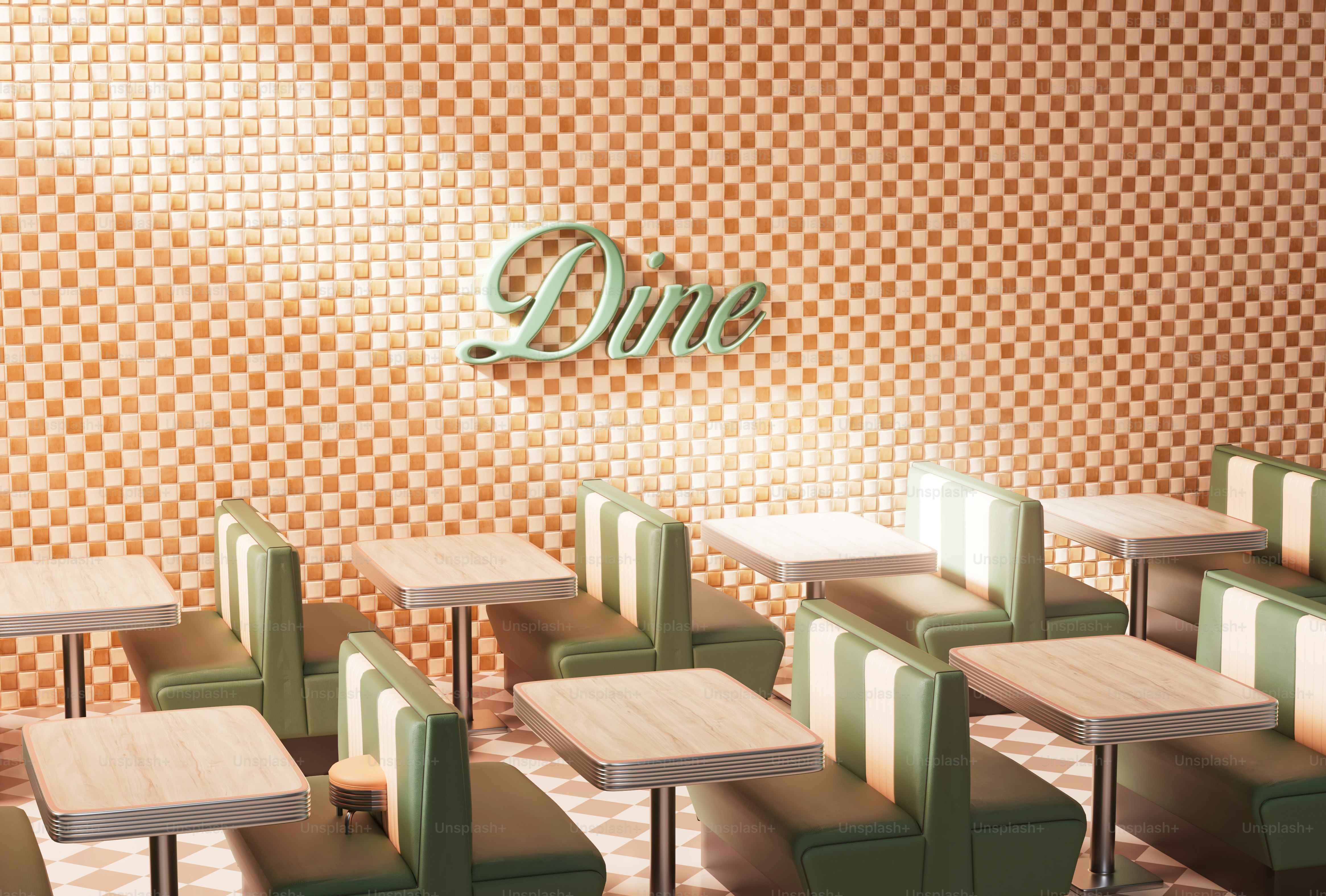 A retro diner interior with booths and tables.