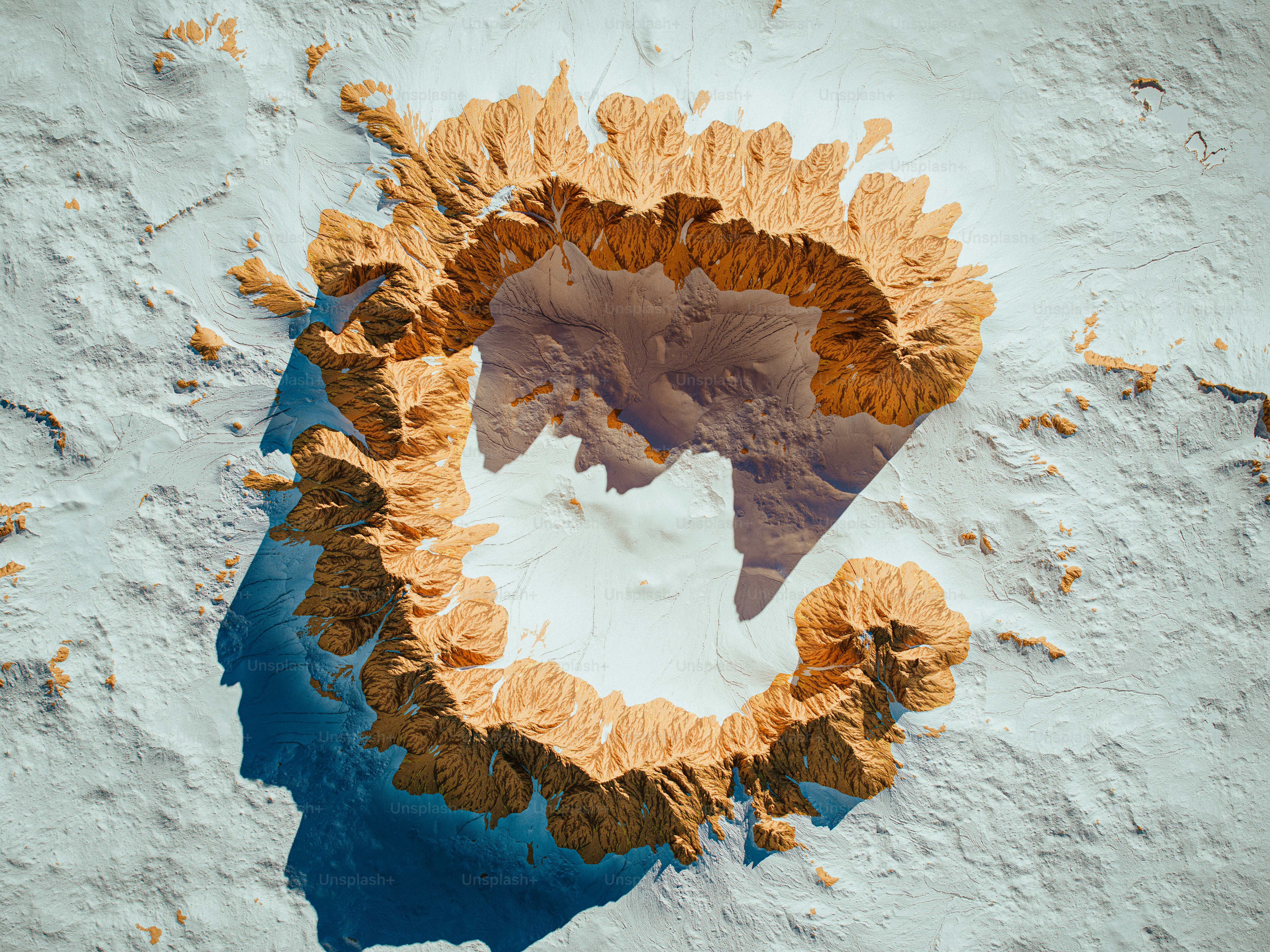 Un cráter rodeado de terreno nevado.