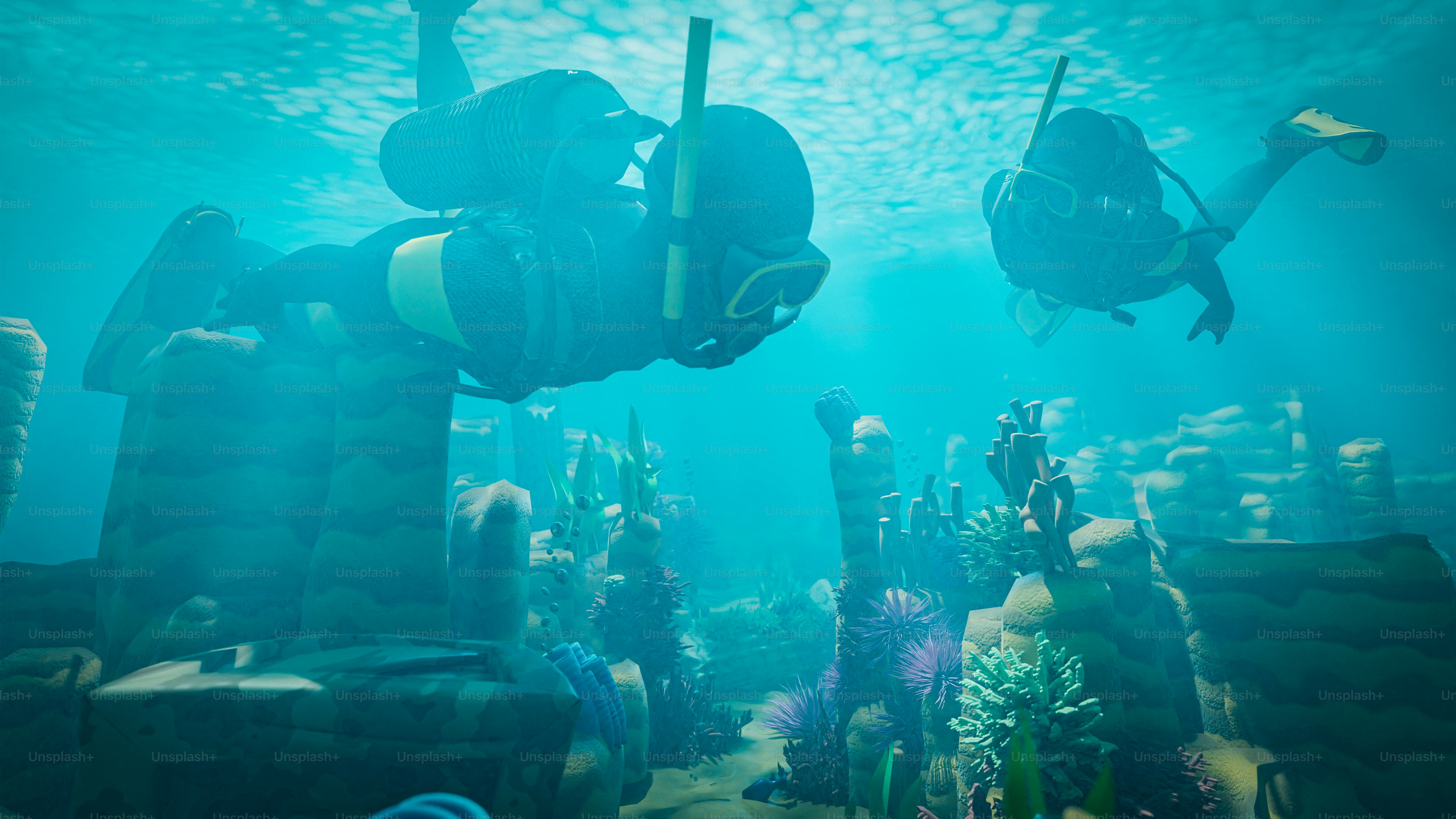 Divers explore beneath the turquoise ocean waters.
