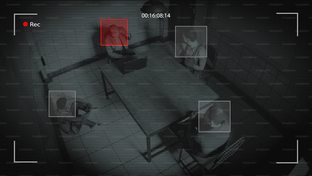 A view of surveillance footage capturing people in a dimly lit room during a forensic video investigation.