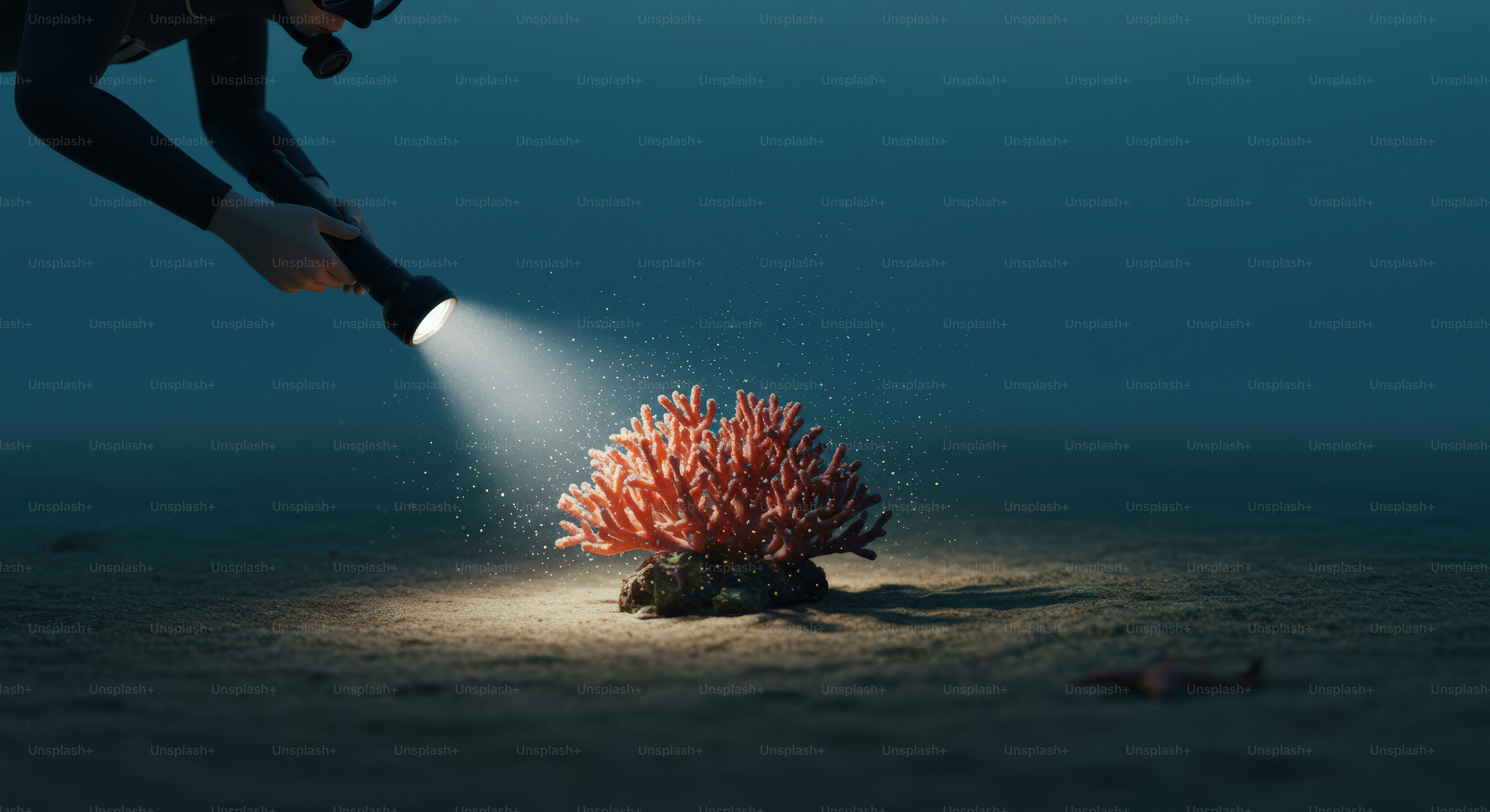 Seorang penyelam scuba memeriksa karang di bawah air dengan senter.