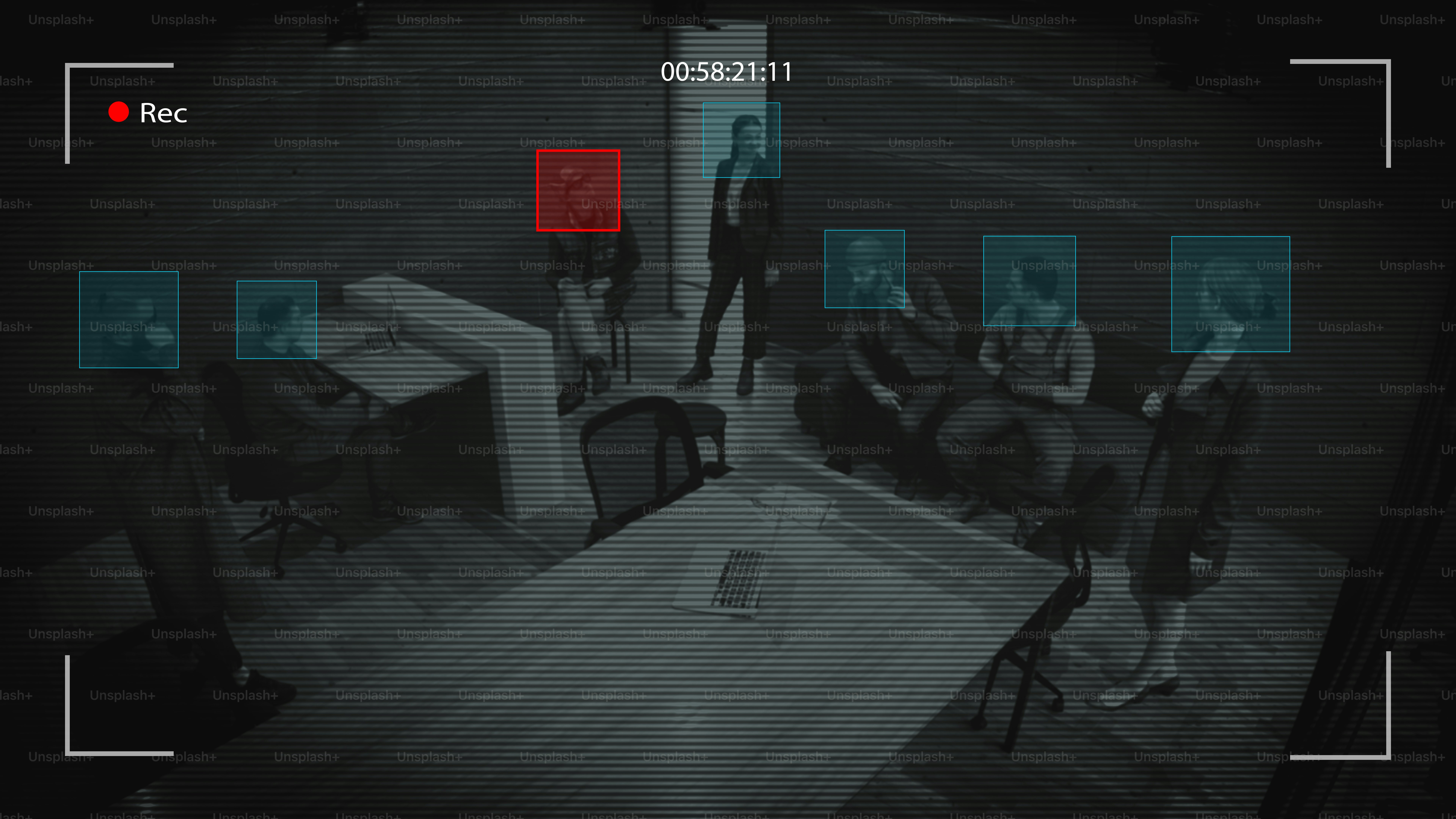 Surveillance footage shows people with face detections.
