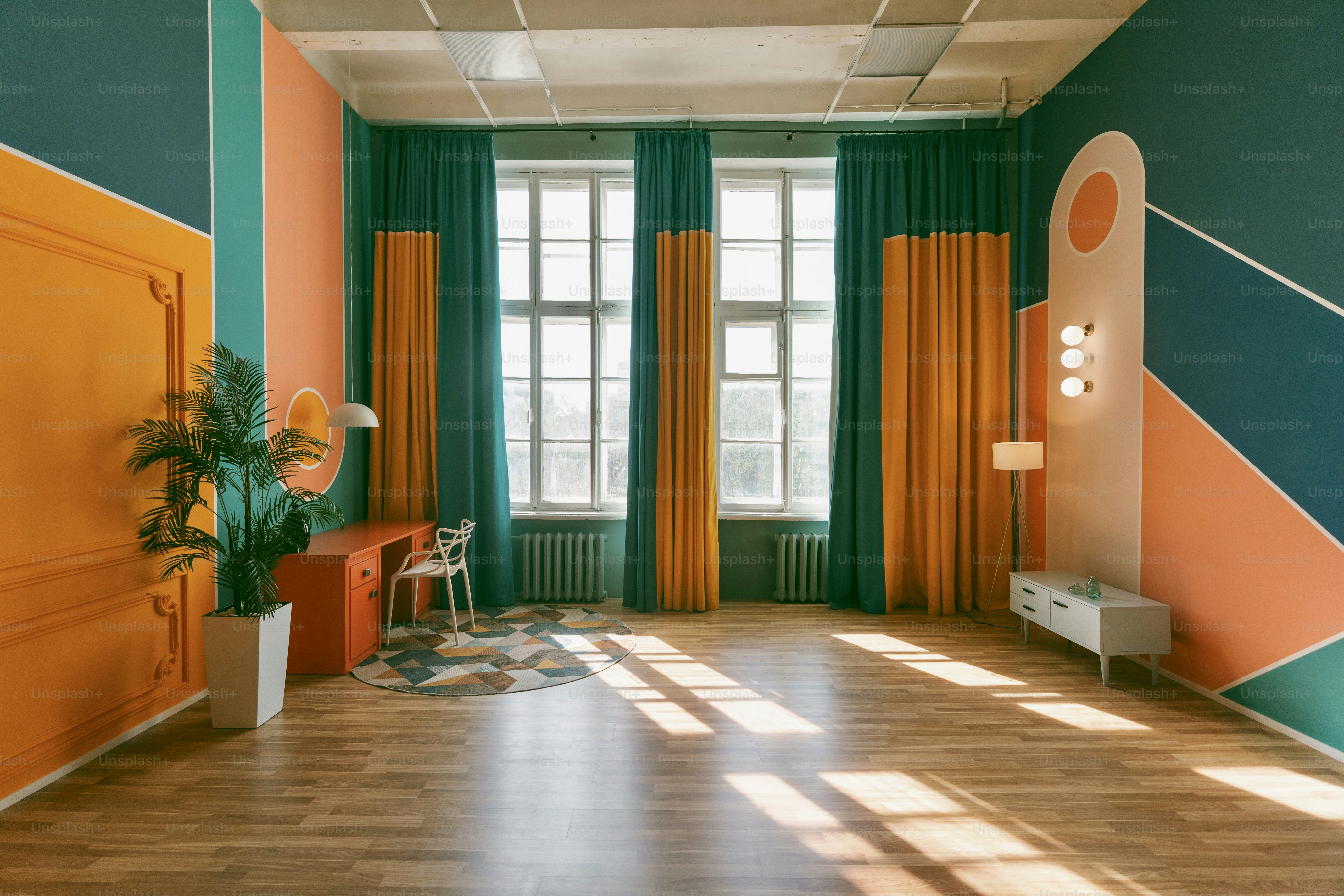 A colorful room with unique and vibrant decor.