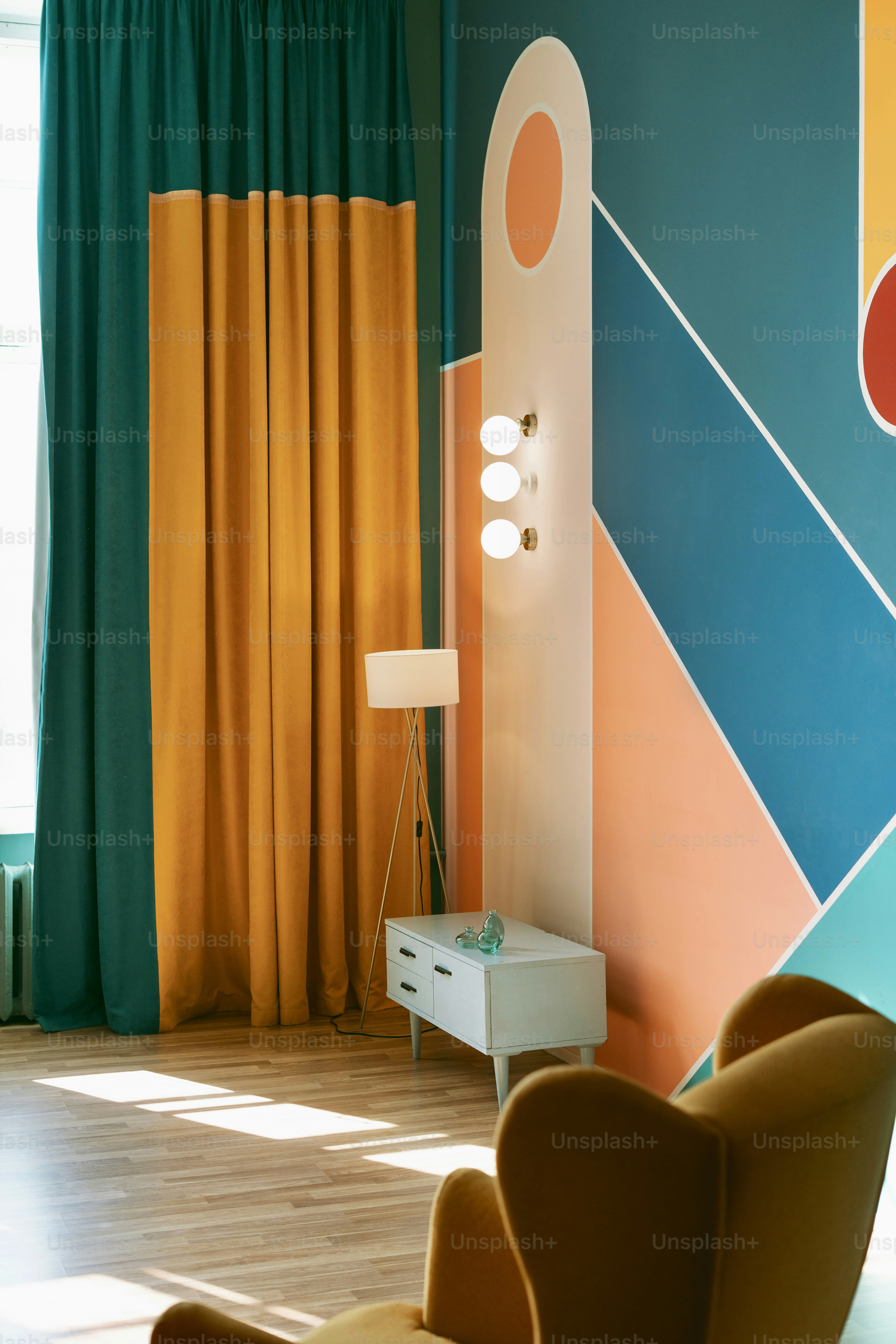 Colorful interior design with artistic accents.