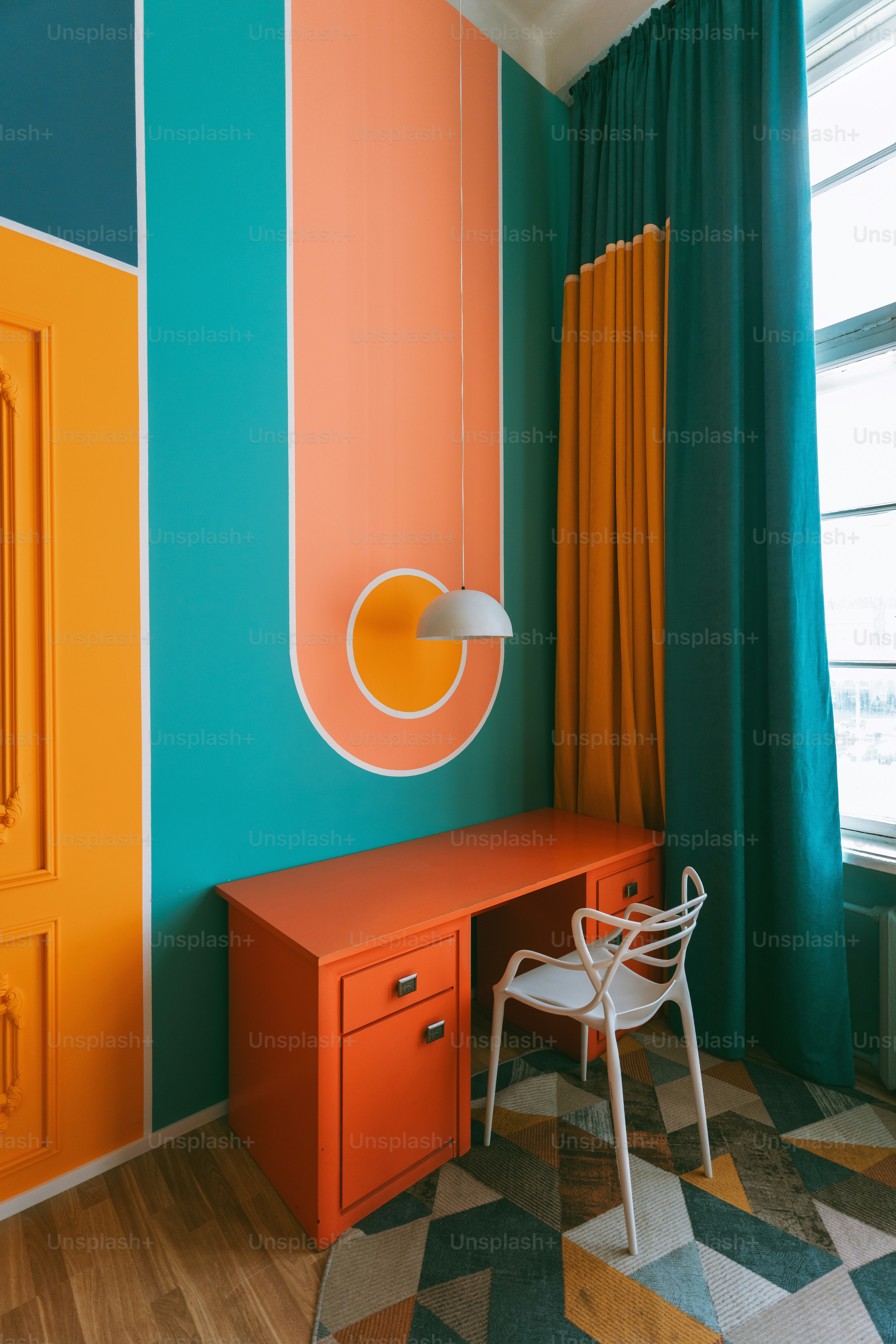 A colorful workspace with vibrant design.