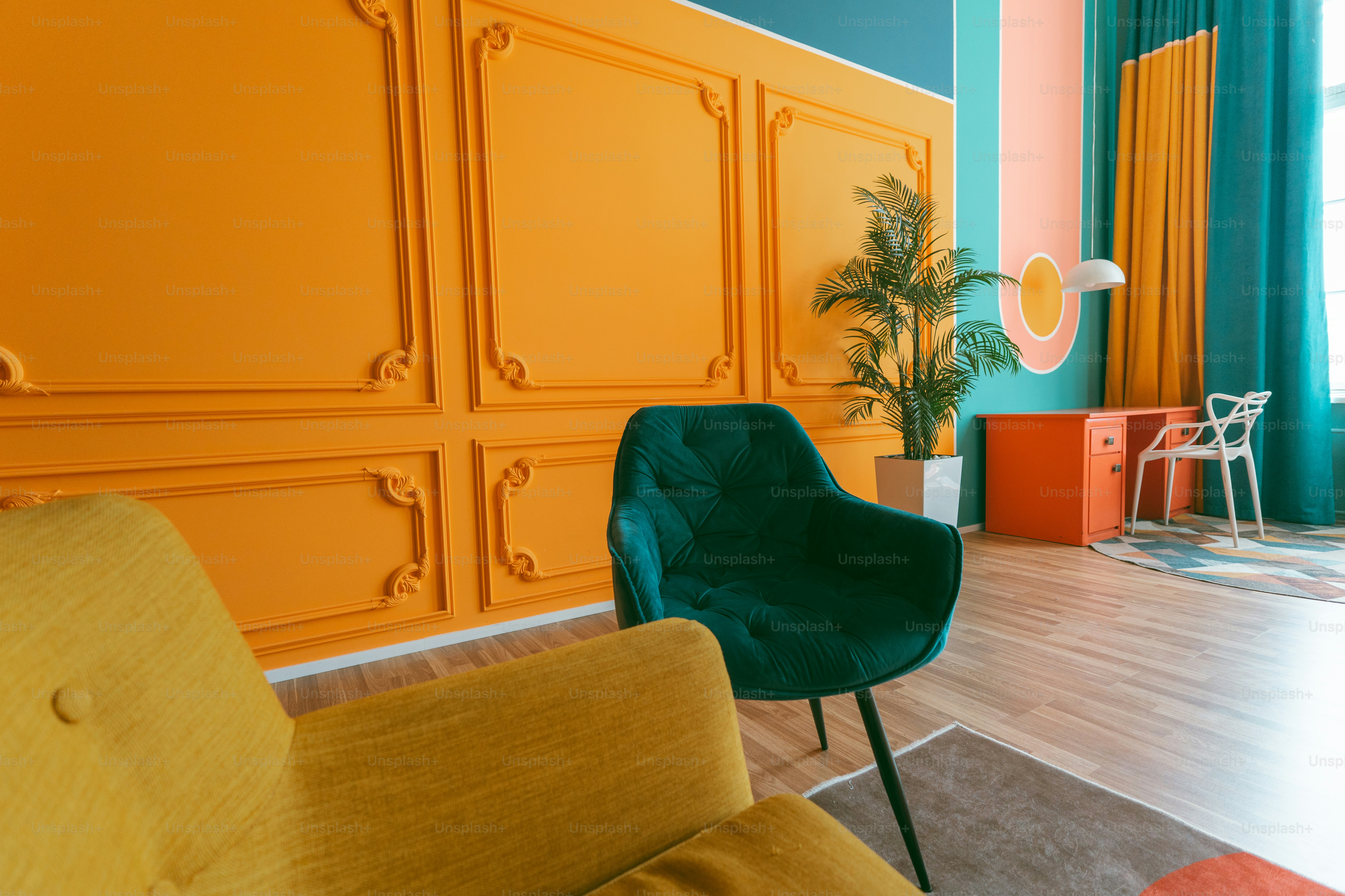 A colorful room features bright walls and furniture.
