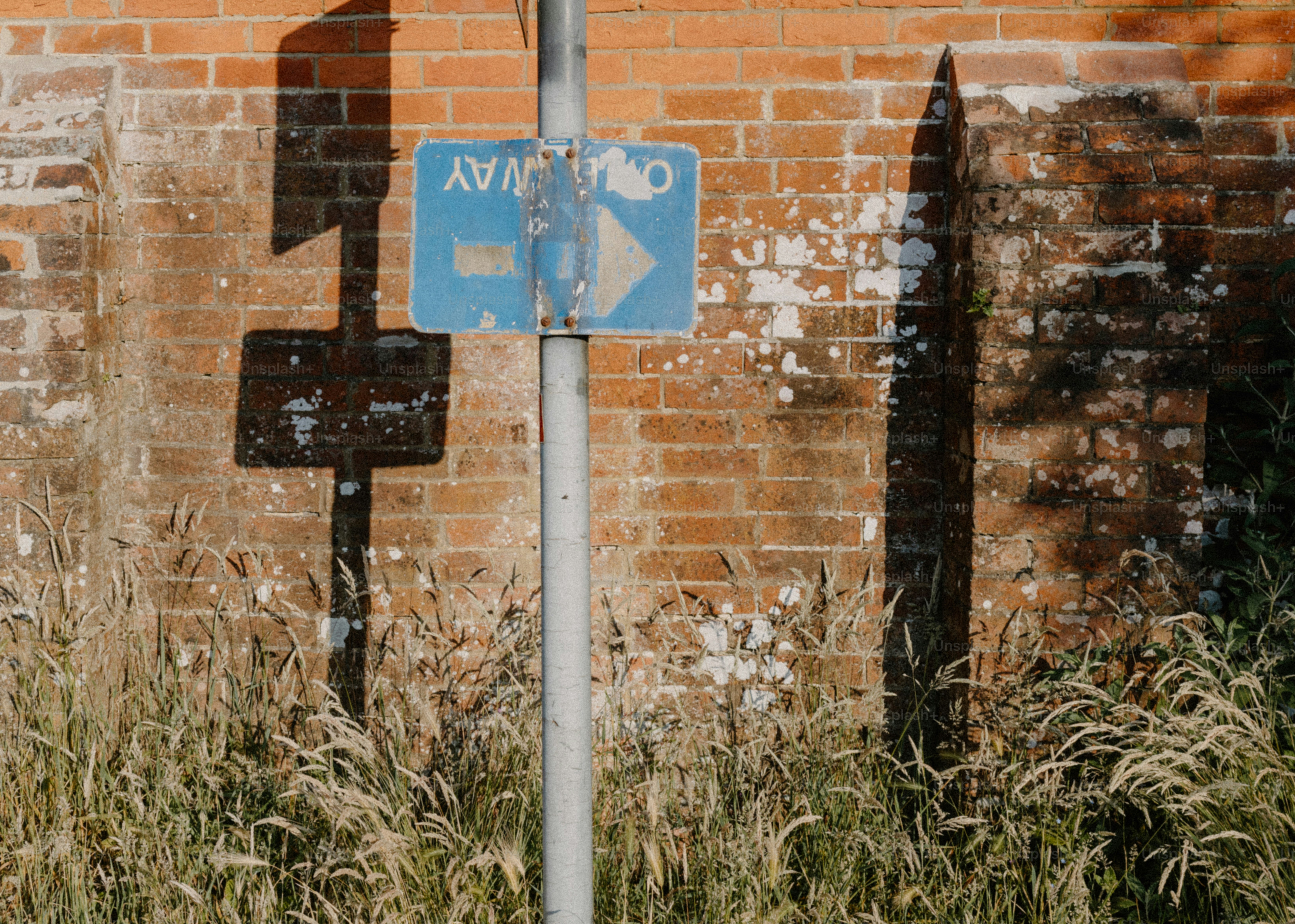 A blue "one way" sign stands in front of brick.