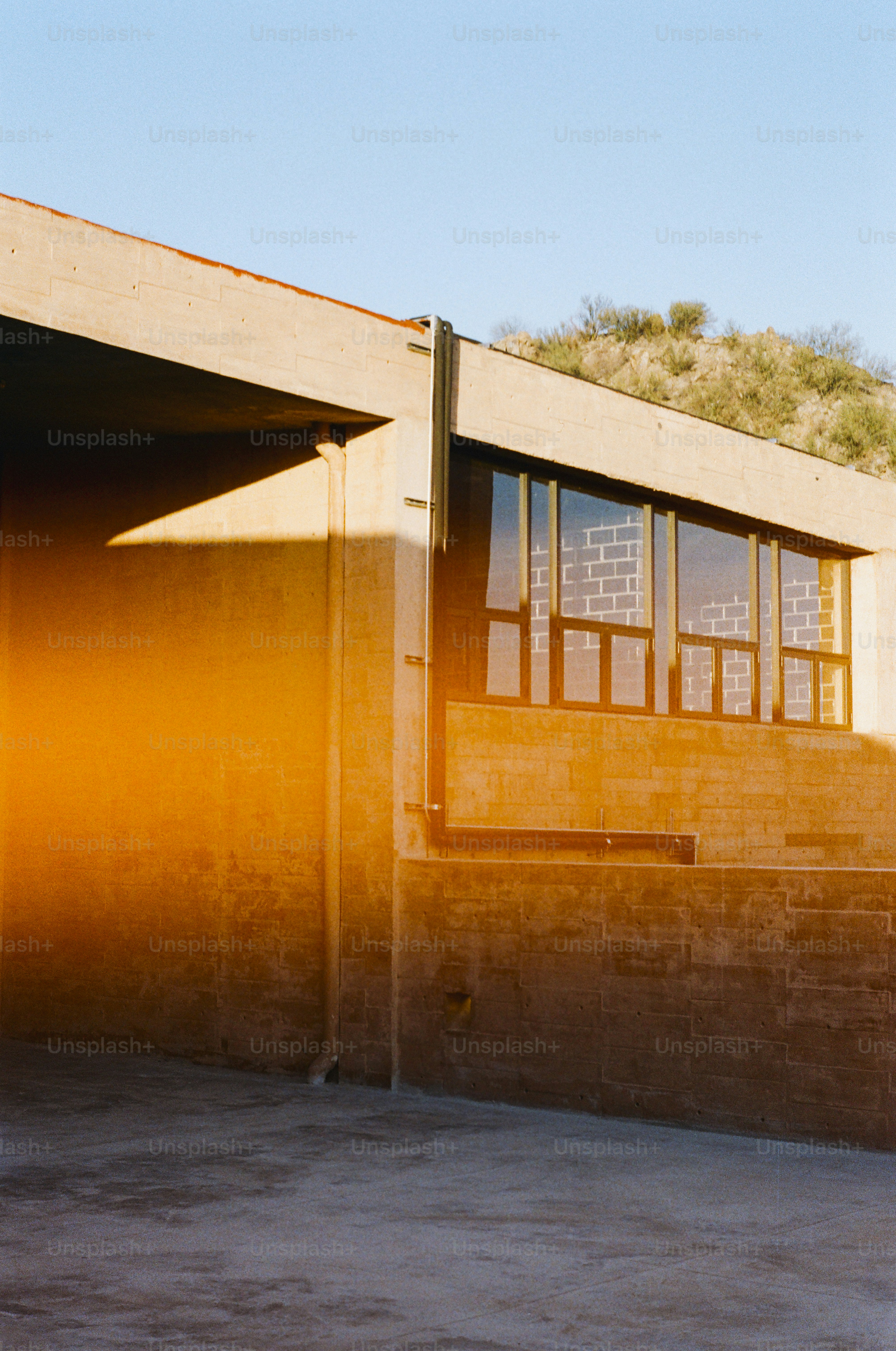 A building with windows and warm sunlight.