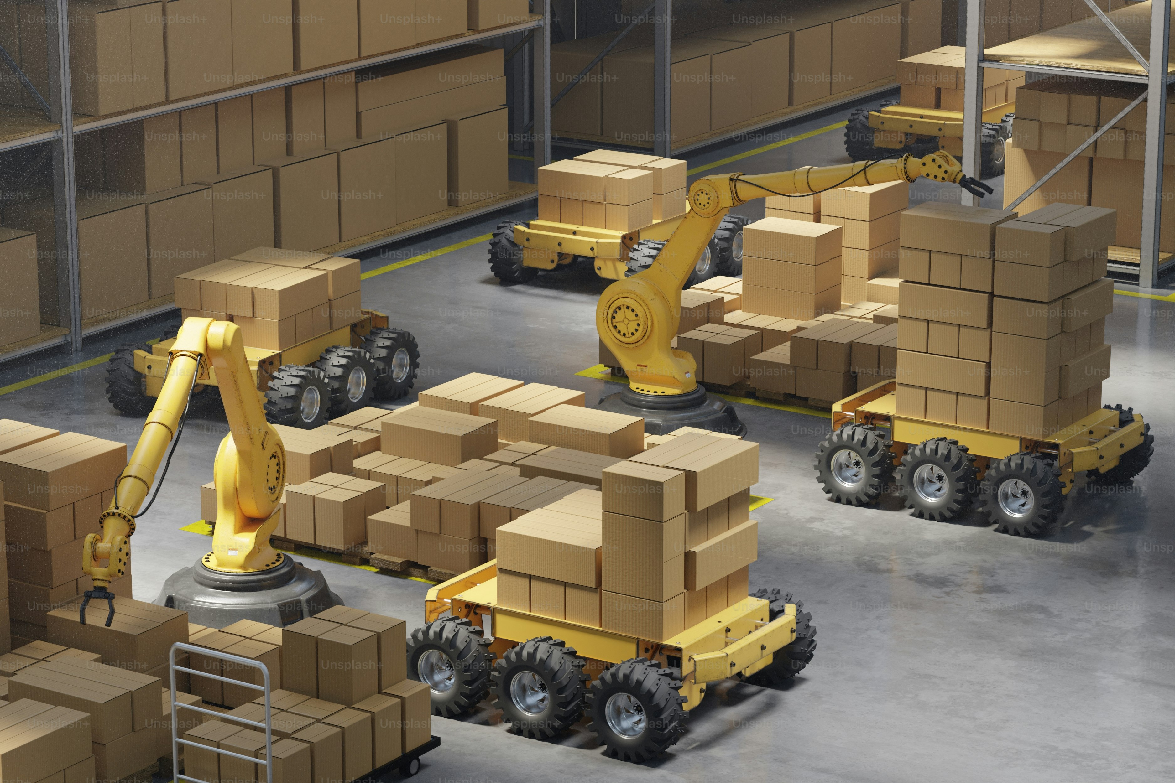 Robotic arms are stacking boxes in a warehouse.
