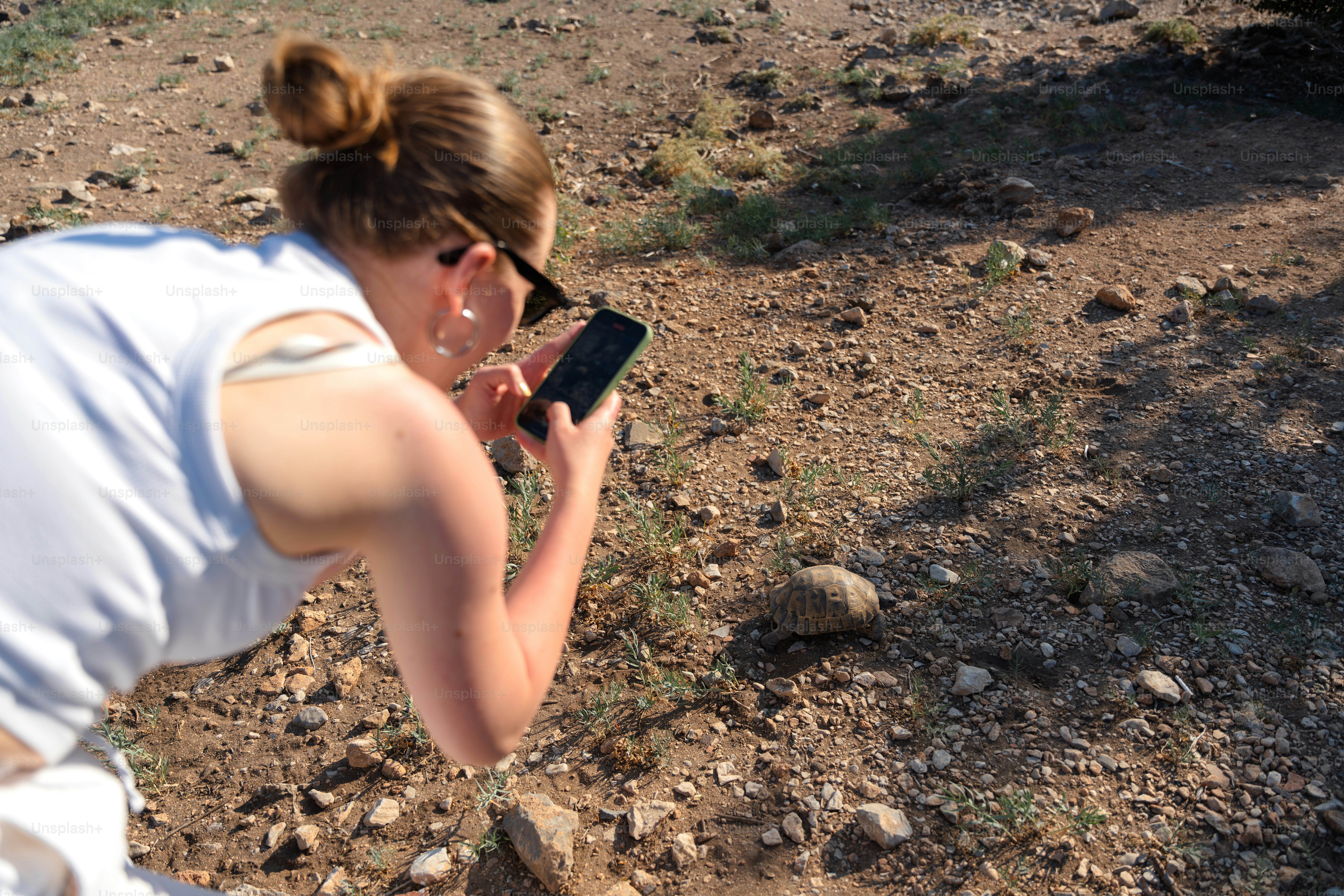 Une femme prend une photo de quelque chose sur le sol.