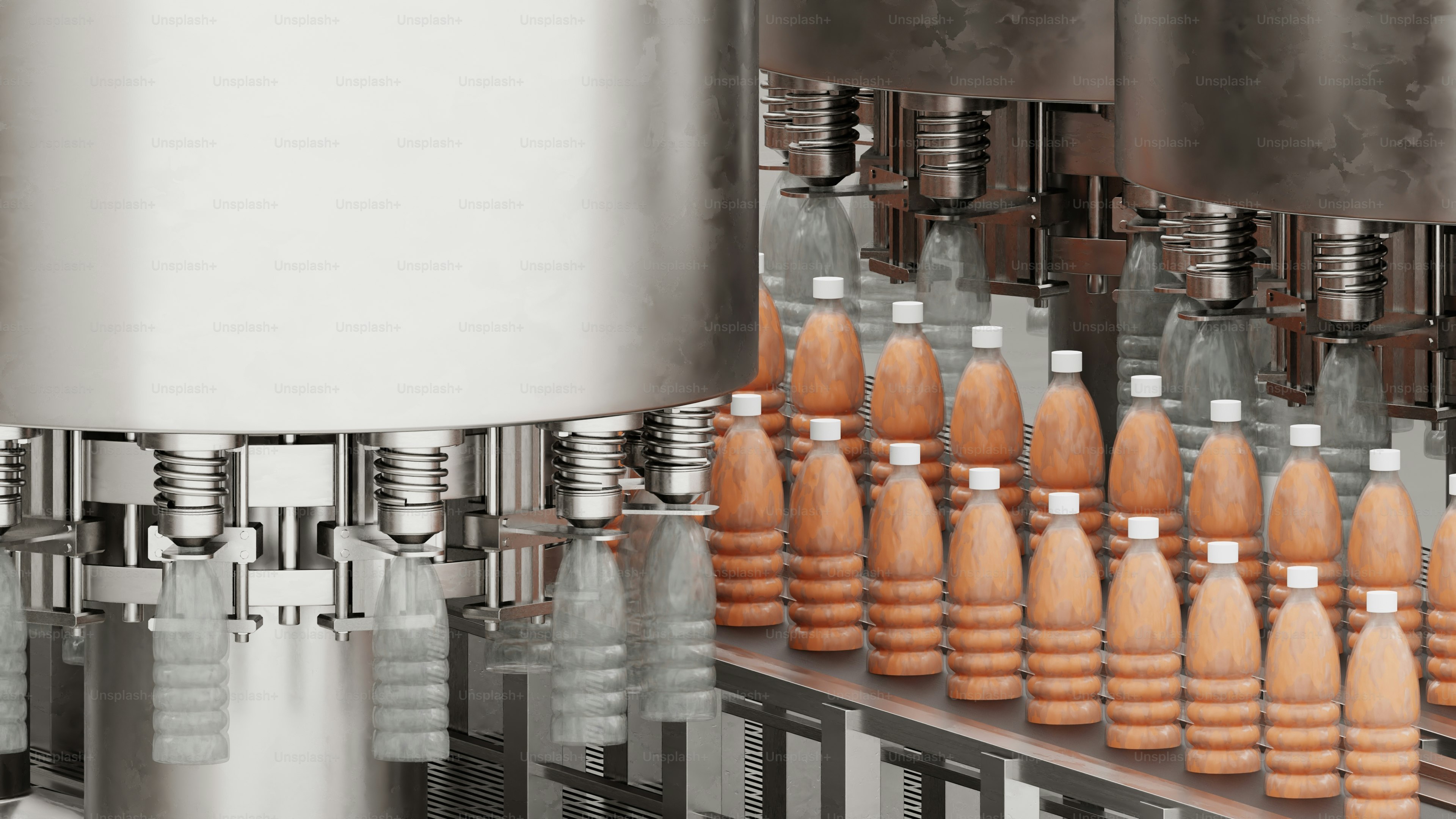Bottles being filled on a factory assembly line.