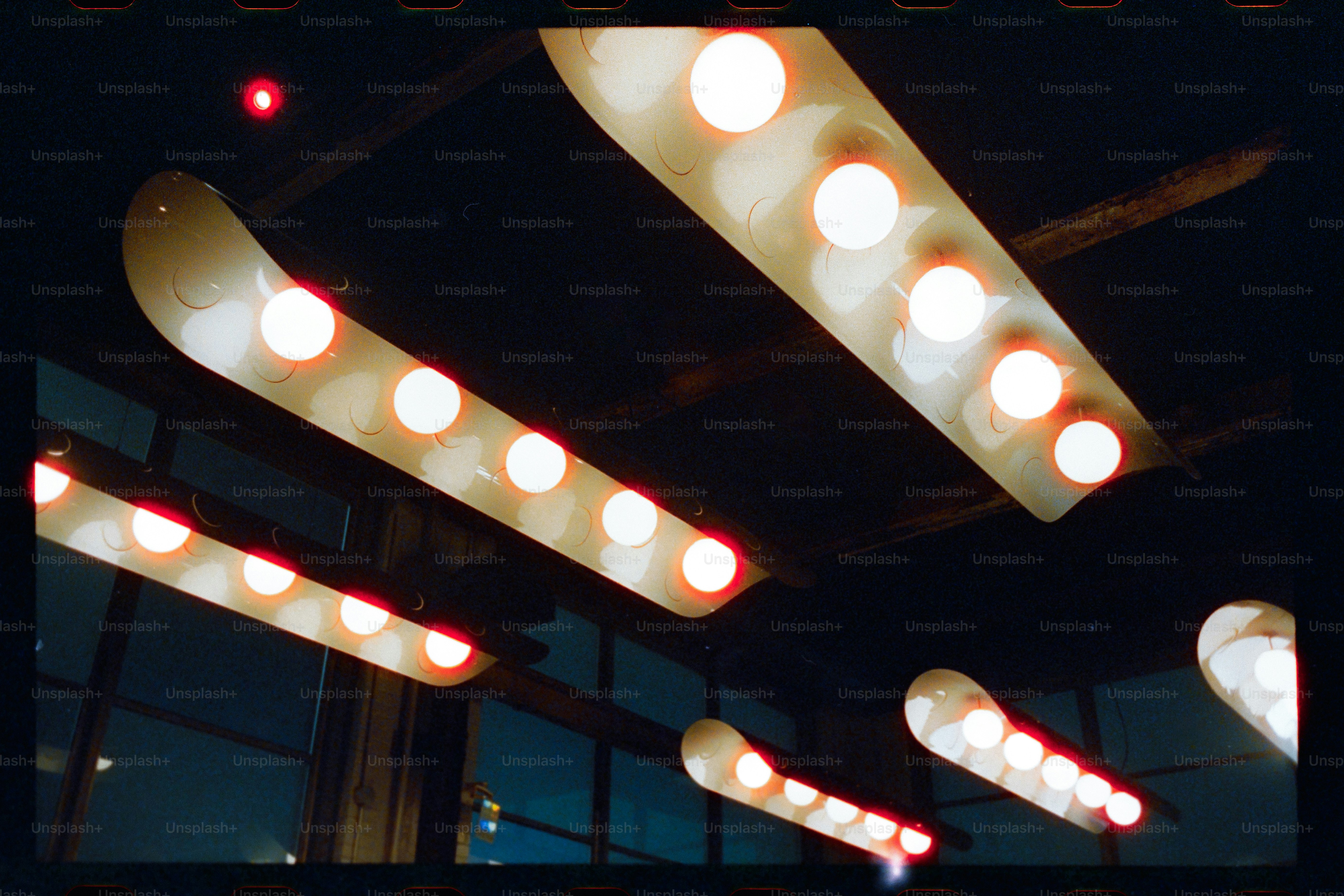Light fixtures resemble skis hanging from the ceiling.