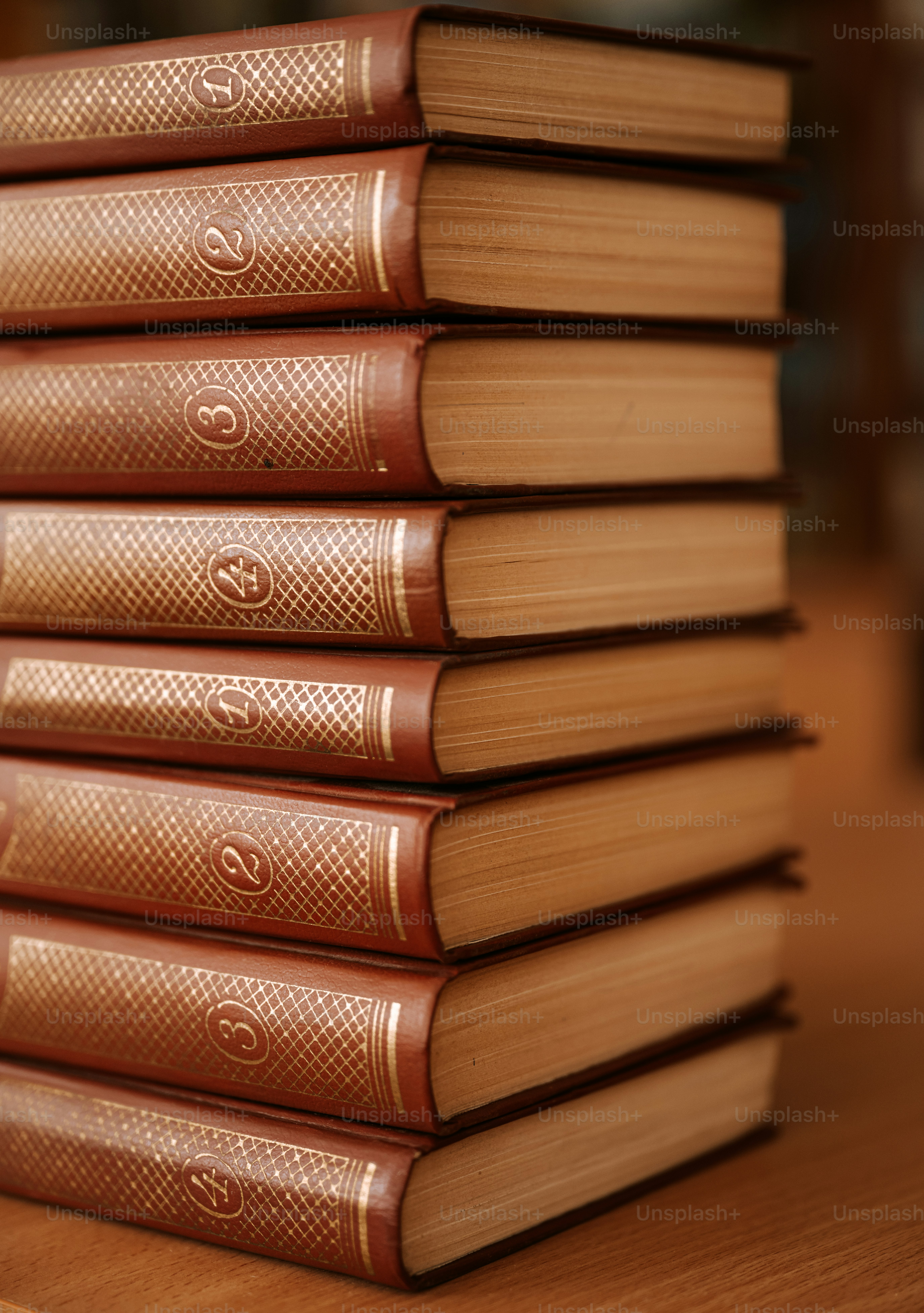Une pile de livres bruns numérotés.