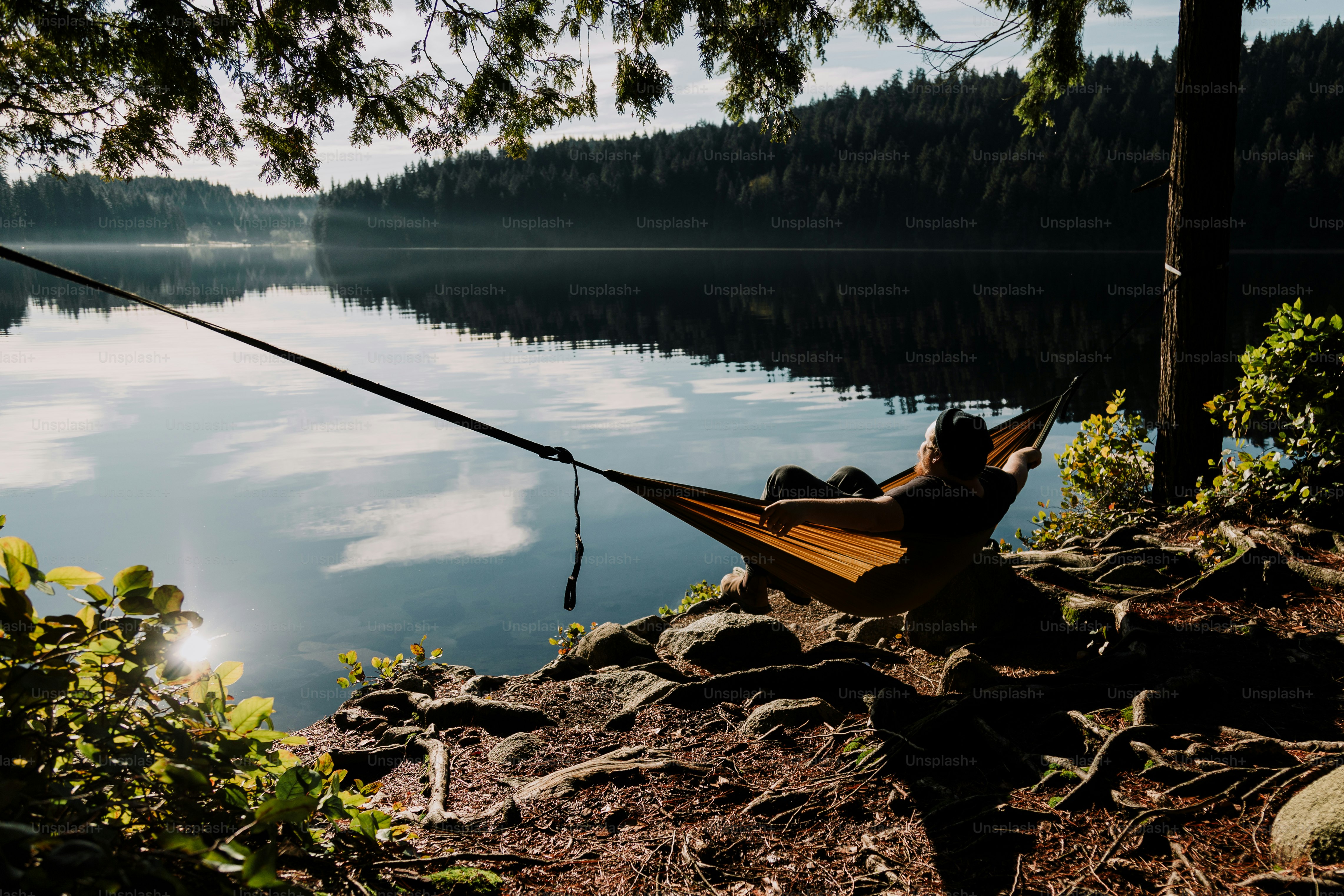 Relaxing in a hammock by the serene lake.