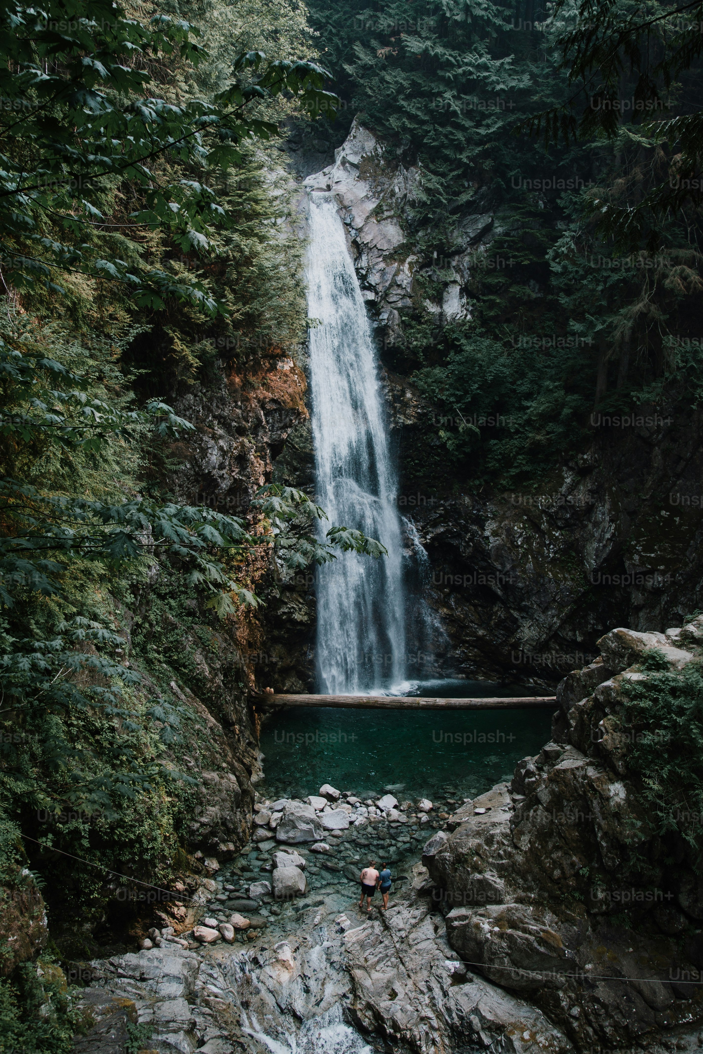 A majestic waterfall cascades into a crystal clear pool.