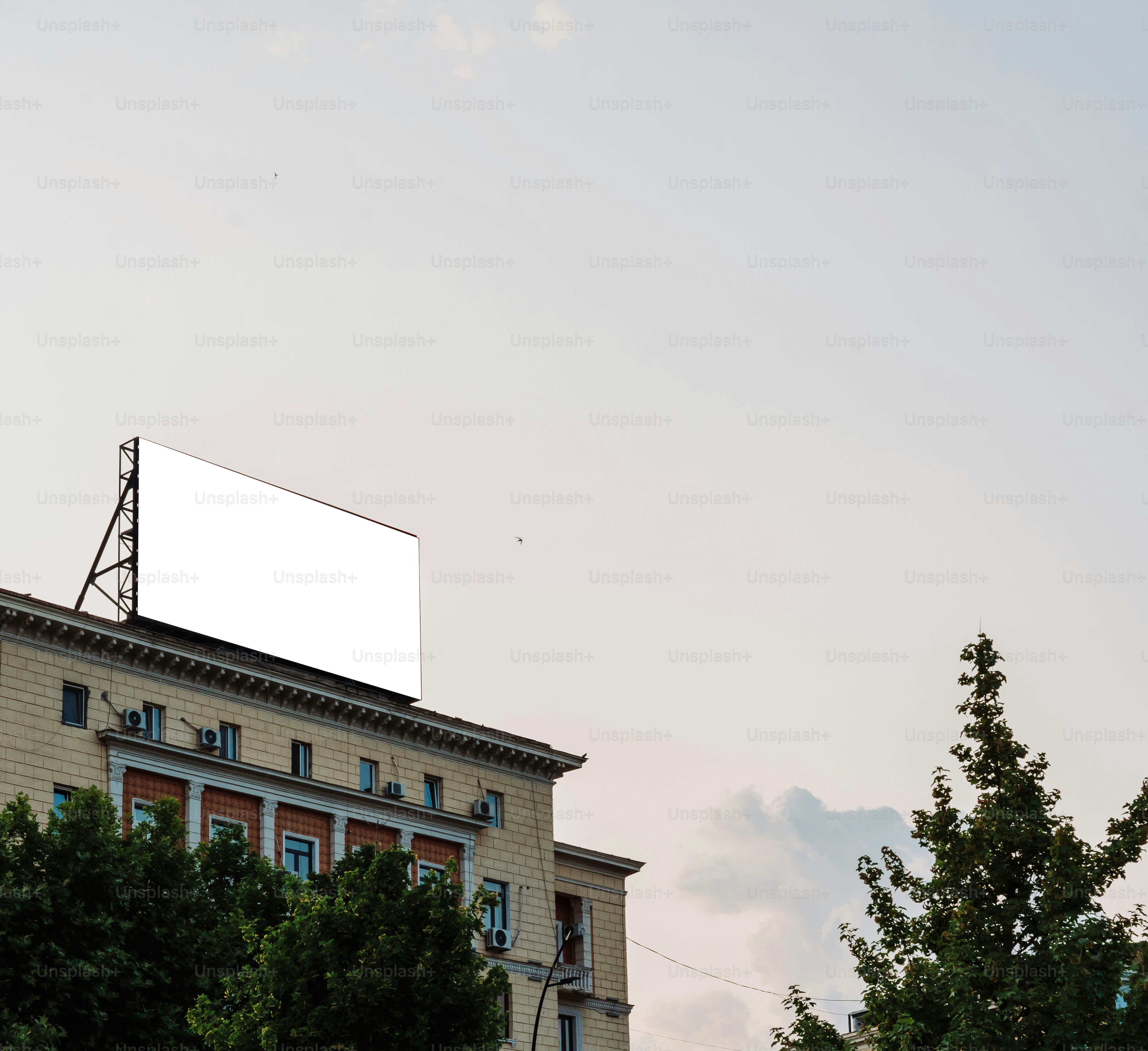 A blank billboard sits atop a building.