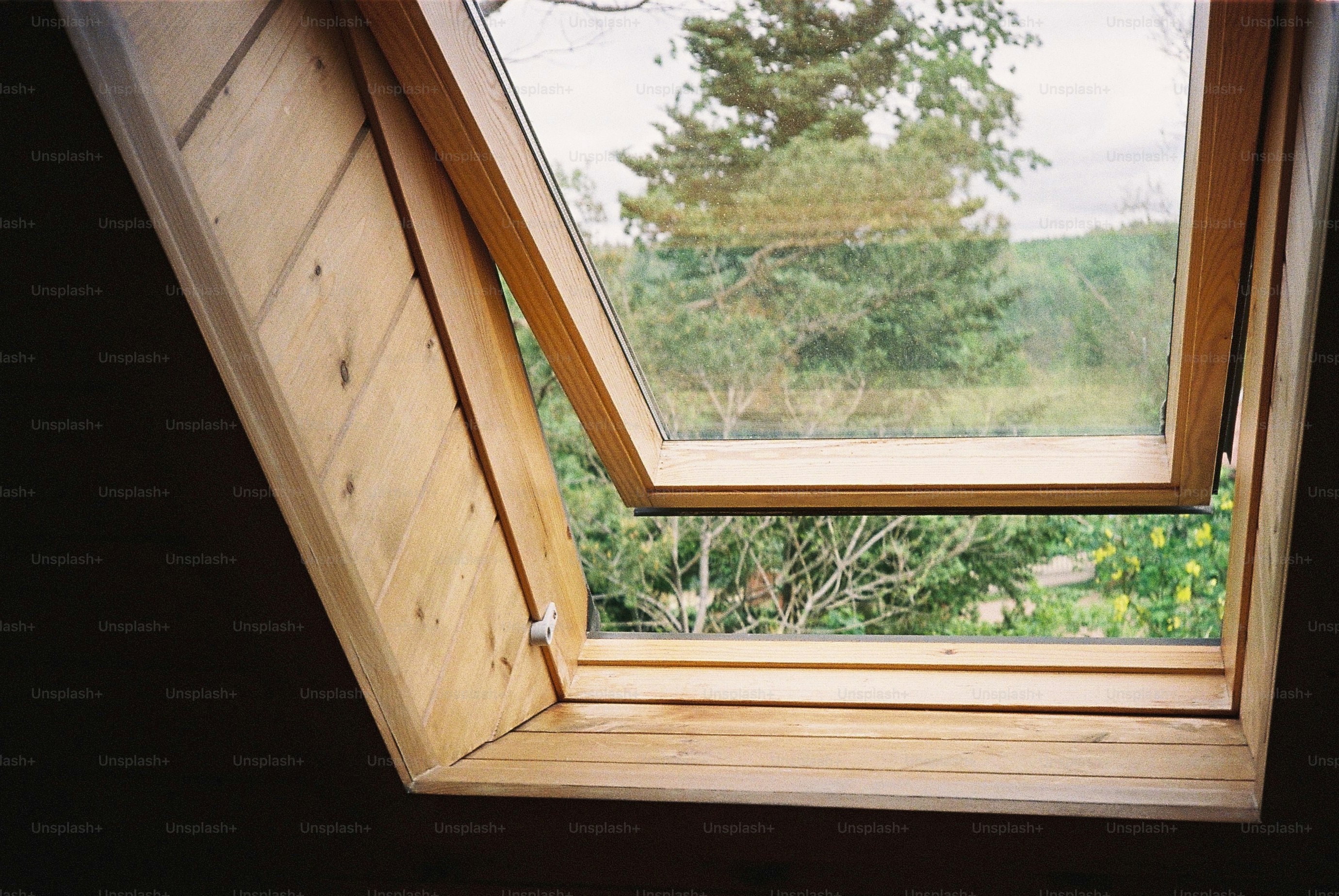An open skylight offers a view of nature.