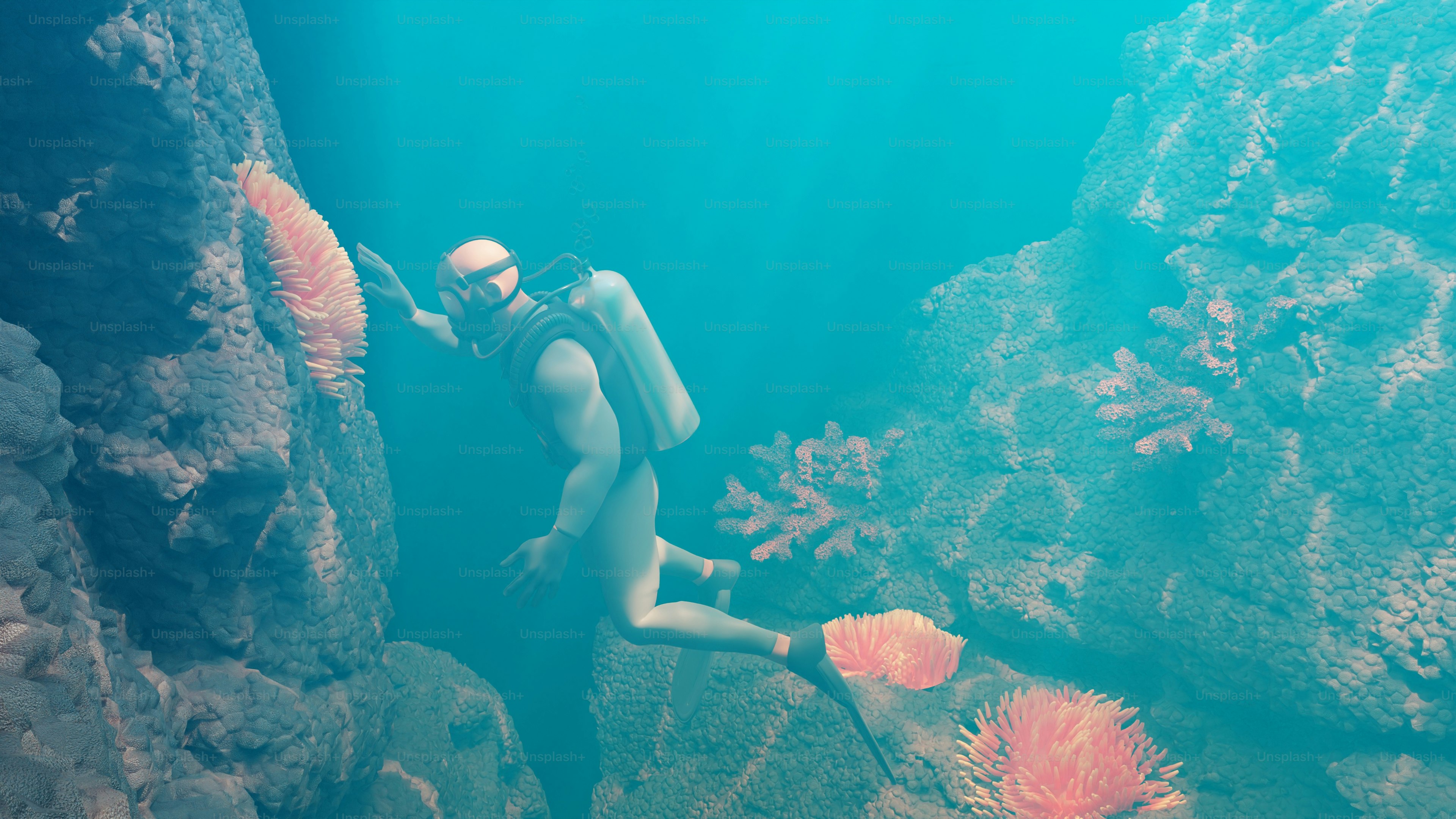 A scuba diver explores underwater rocky structures.