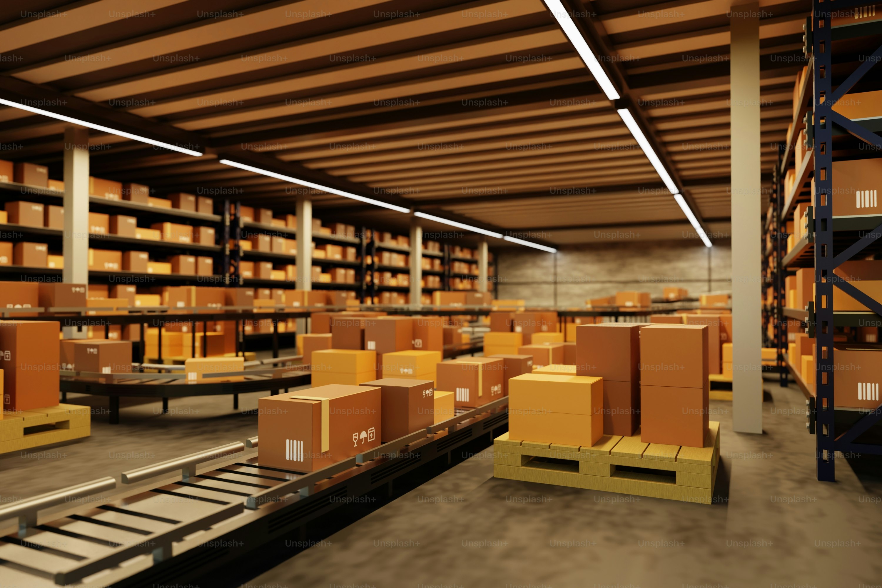 Boxes are stored in a large, organized warehouse.