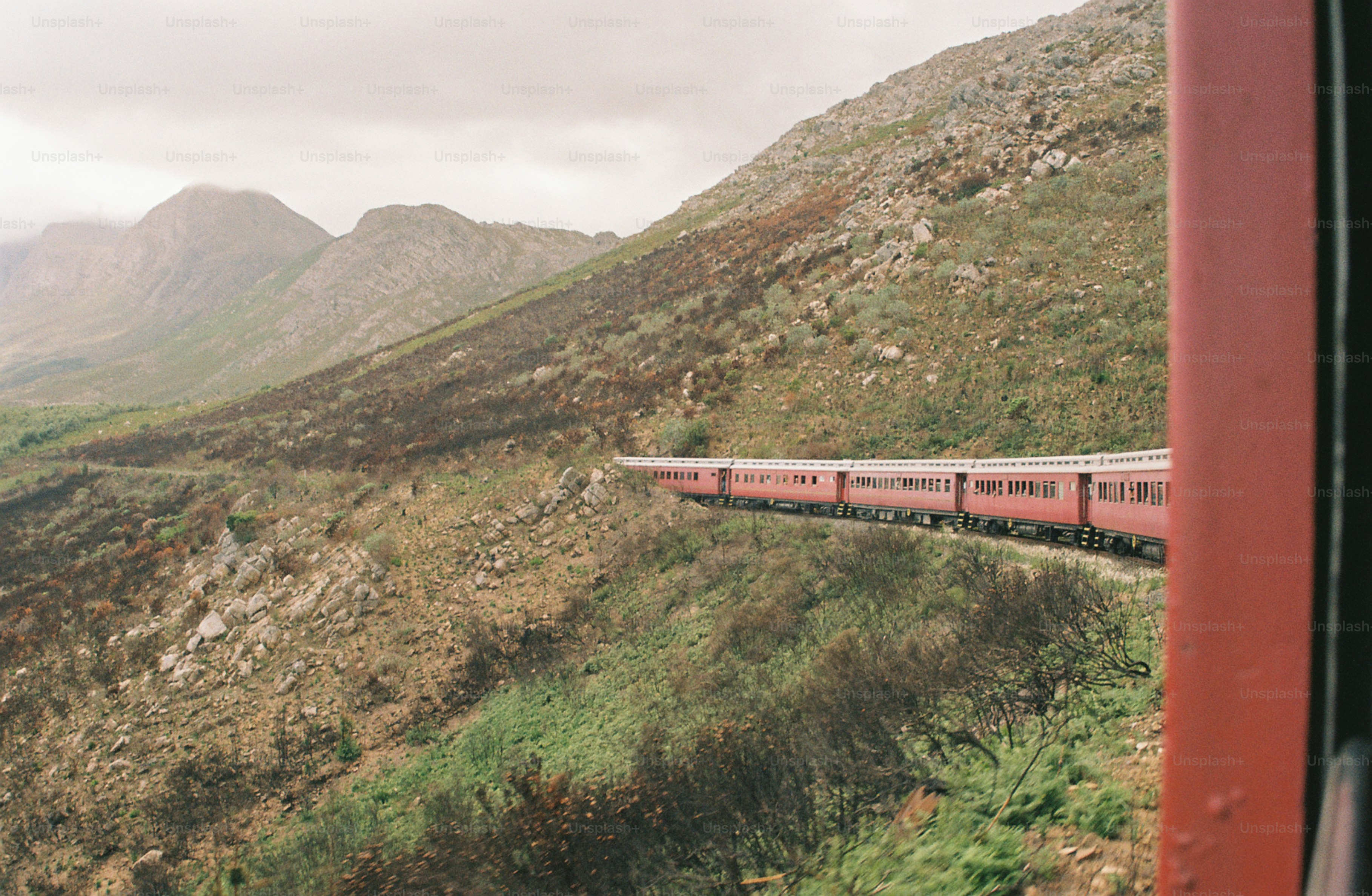 El tren viaja a través de las montañas con una vista panorámica.